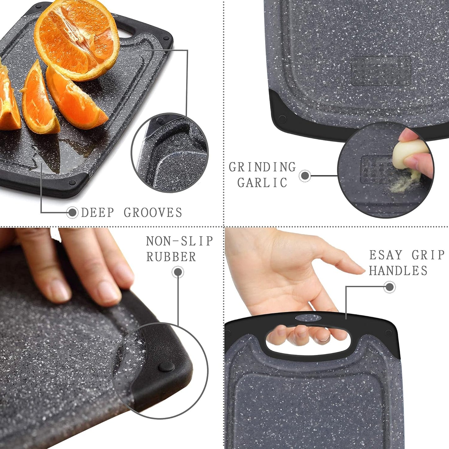 Chopping Board Set of 3, Small to Large, Chopping Boards for Kitchens with Non-Slip Feet and Deep Drip Juice Groove, Easy Grip Handle, BPA Free, Dishwasher Safe Cutting Board (Black)