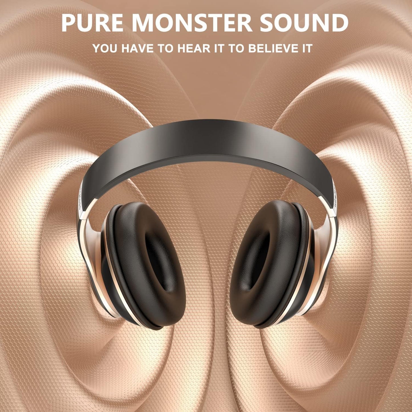 Bluetooth Headphones Over Ear, 6 EQ Modes Wireless Headphones Over Ear,65 Hours Playtime Foldable Lightweight Wireless Headphones,with Built-in HD Mic, FM, SD/TF for PC/Home（Black & Gold）