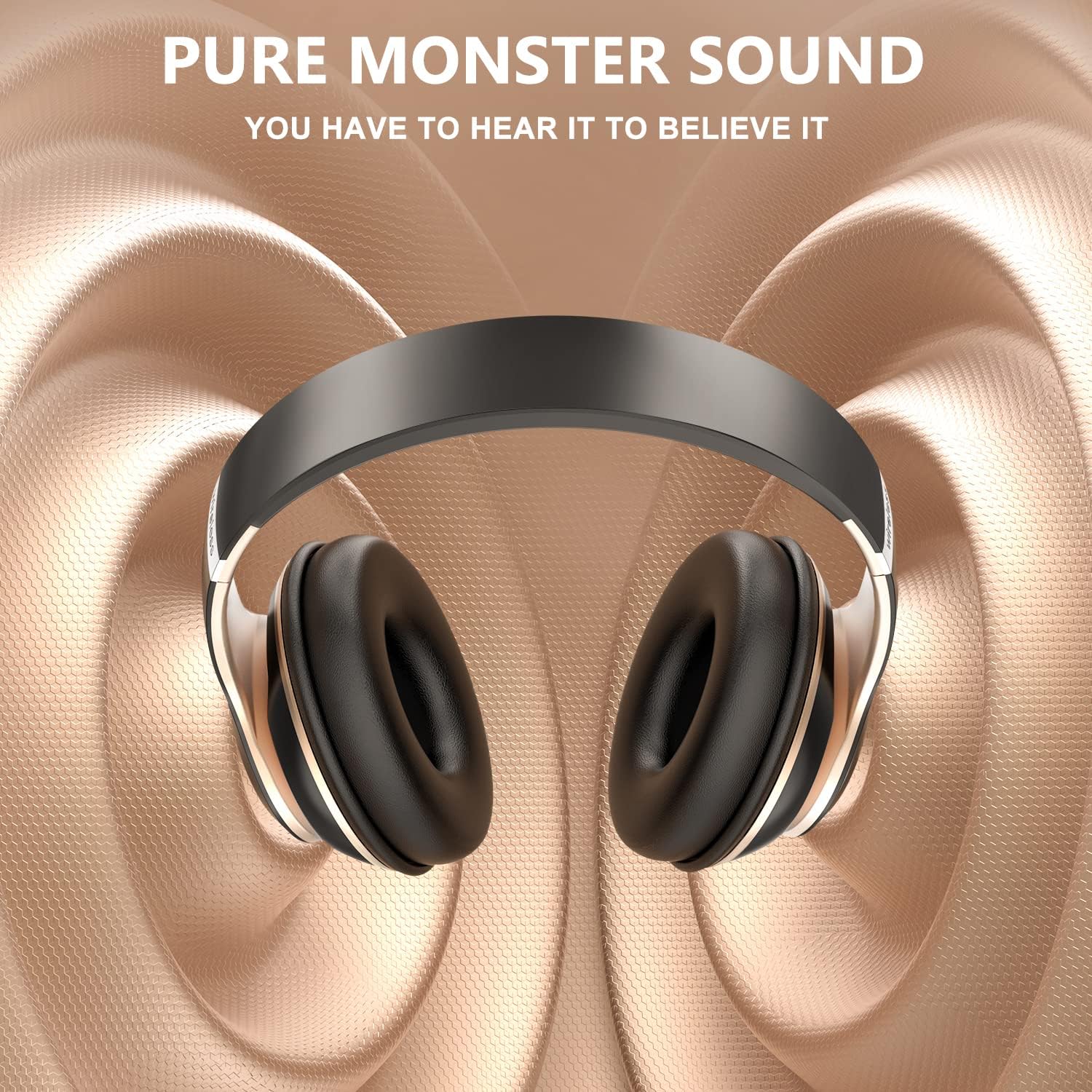 Bluetooth Headphones Over Ear, 6 EQ Modes Wireless Headphones Over Ear,65 Hours Playtime Foldable Lightweight Wireless Headphones,with Built-in HD Mic, FM, SD/TF for PC/Home（Black & Gold）