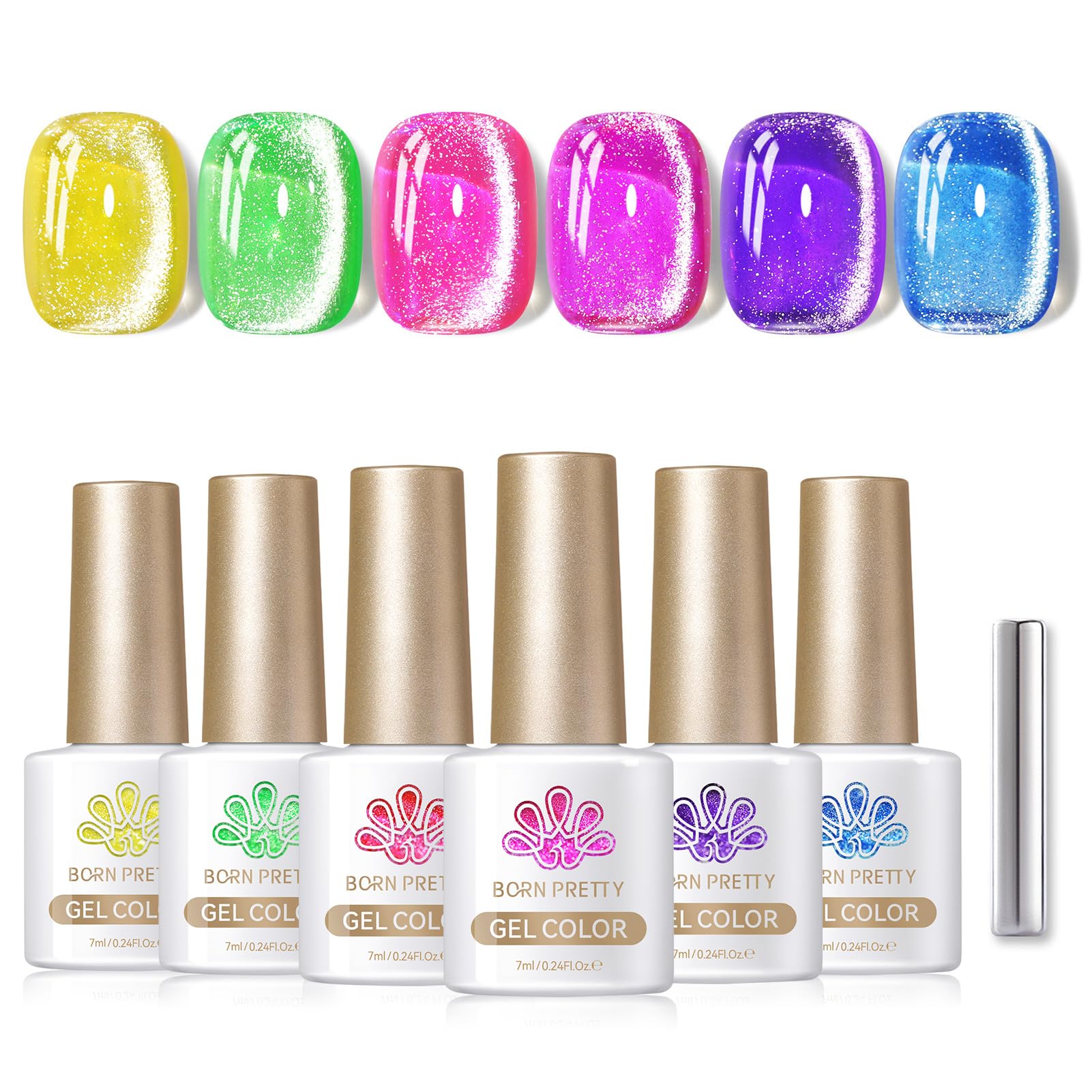 BORN PRETTY 6 Colors Jelly Nude Pink Cat Magnetic Eye Gel Polish Set with Magnet, Soak-Off U V/LED Iridescent Cat Gel for Nail Art Salon DIY Home
