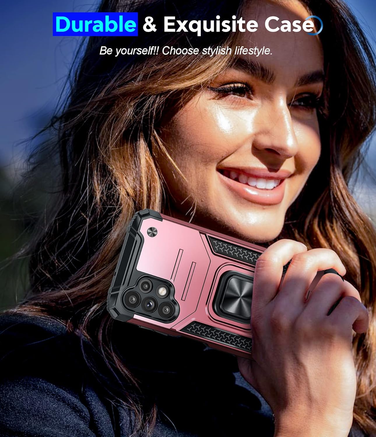LeYi for Samsung Galaxy A13 4G Phone Case and 2 Tempered Glass Screen Protector + 2 Camera Lens Protector, Ring Holder Shockproof Military Grade Protective Mobile Phone Cover for Samsung A13 Rose Gold