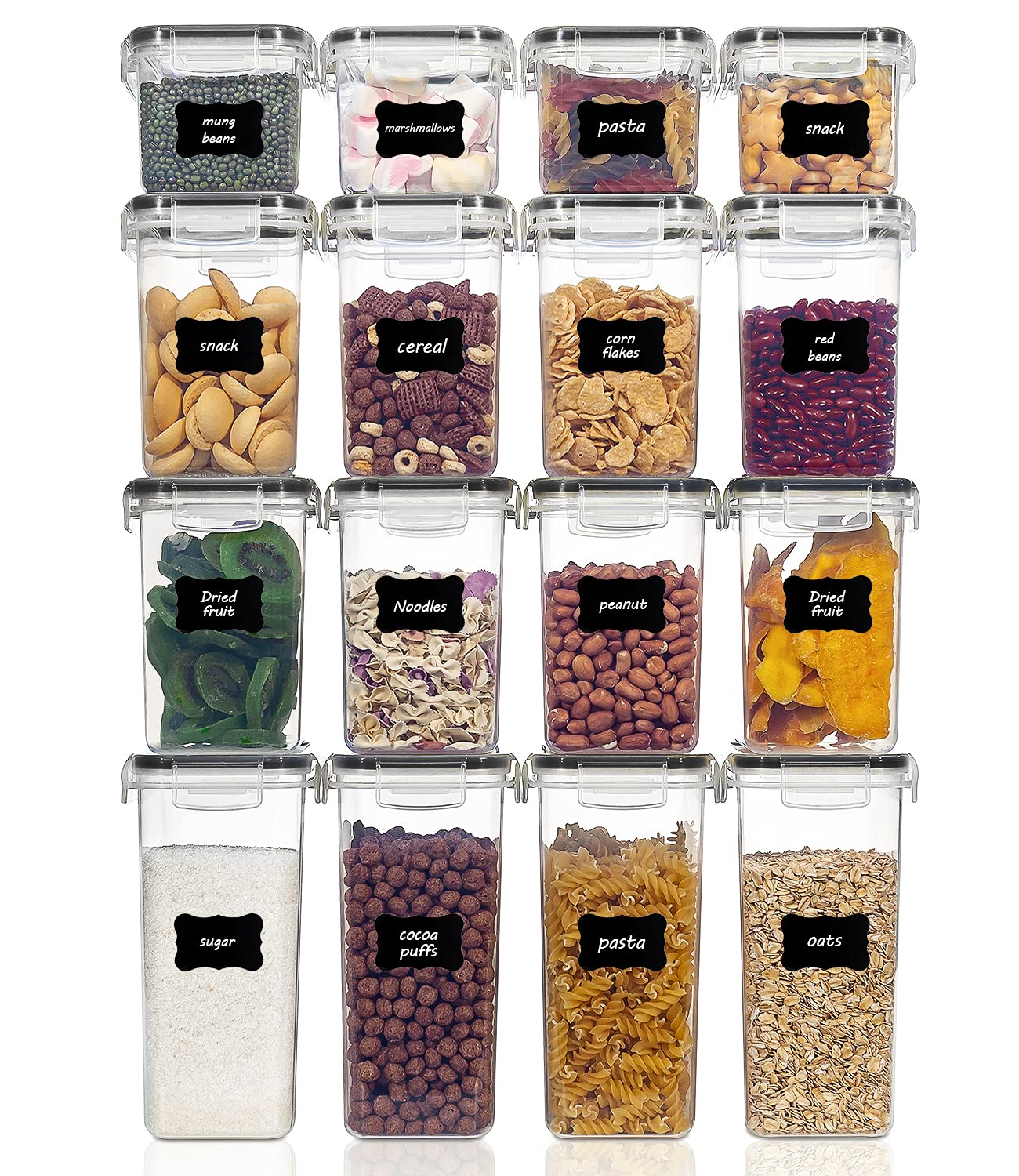 Vtopmart Set of 24 Airtight Food Storage Containers & Kitchen Storage Containers, BPA-Free Plastic Containers for Flour, Sugar and Baking Supplies, with 24 Labels (Black)