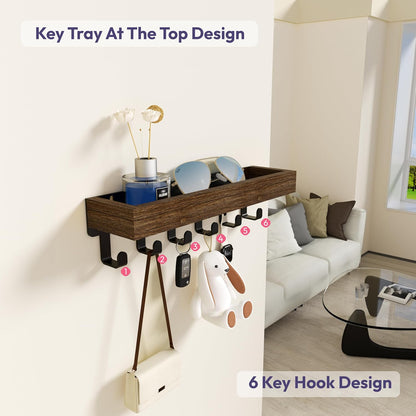 SWTYMIKI Key Holder with Wood Tray and 6 Hooks, Wall Mounted Key Racks, Key Hangers Home Decor Key Rack Mail Organizer for Hallway, Entryway, Bedroom, Mudroom, Office