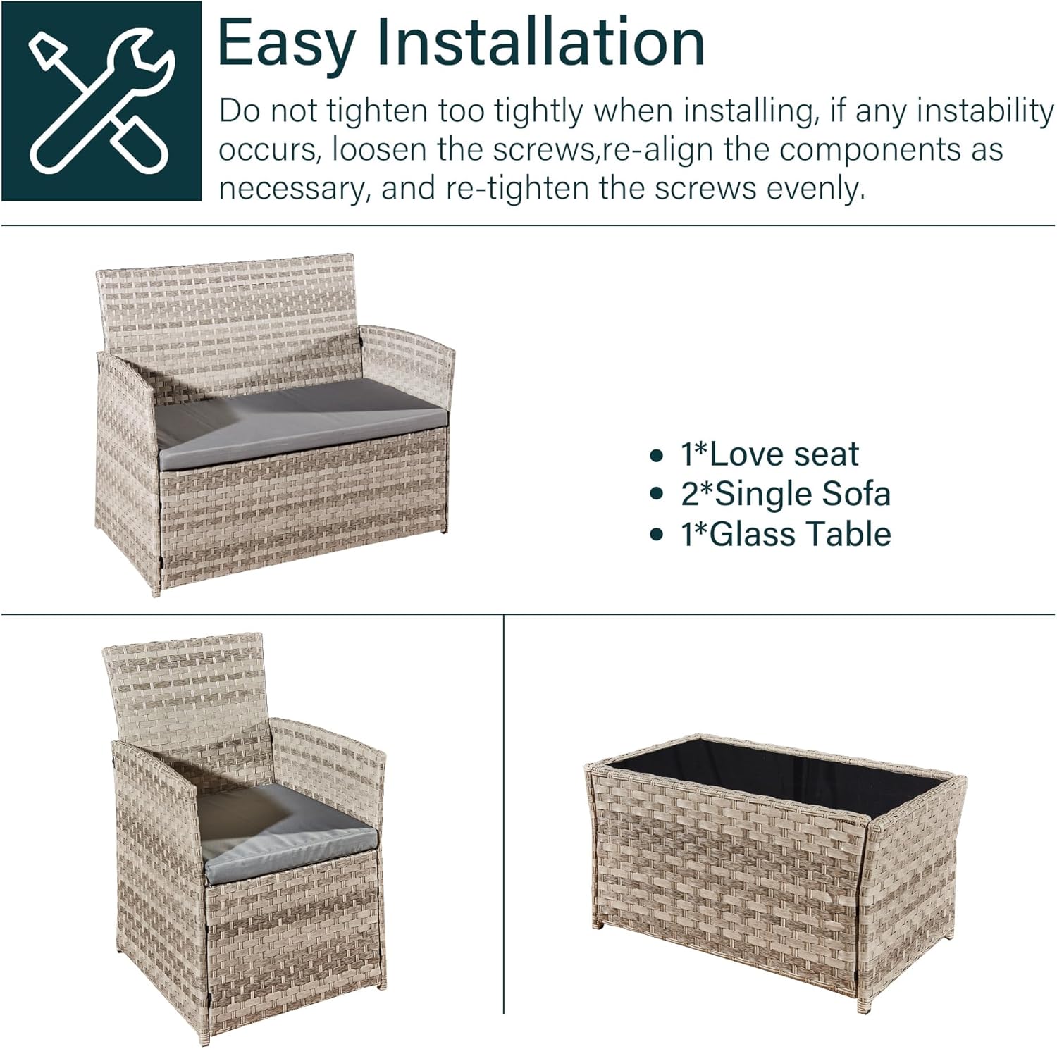 4 Piece Rattan Garden Furniture Sets, Patio Conservatory Set, Include Rattan loveset Sofa, Chair, Glass Coffee Table