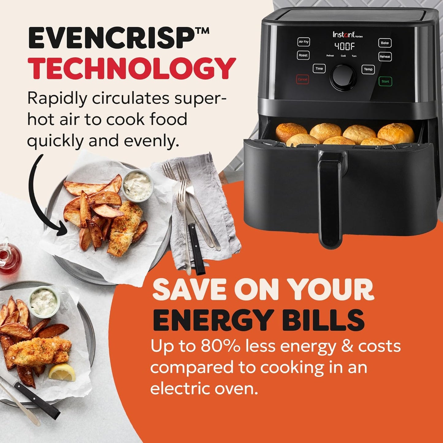 Instant Vortex Digital Single Drawer Air Fryer with Easy to Use 4 Smart Programmes - Air Fry, Bake, Roast and Reheat Capacity, Non-Stick and Dishwasher Safe Basket, Black - 5.7 Litre, 1700W