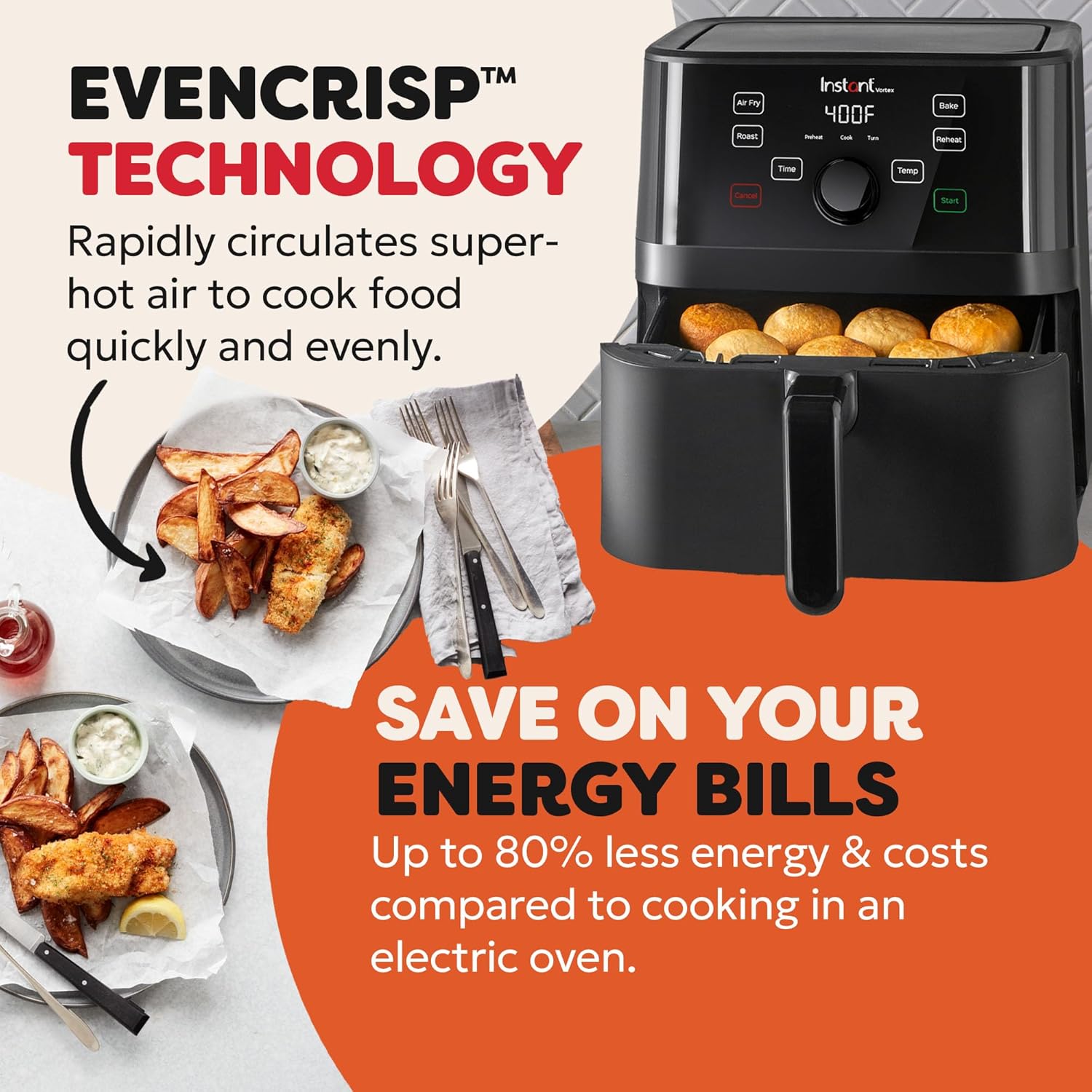 Instant Vortex Digital Single Drawer Air Fryer with Easy to Use 4 Smart Programmes - Air Fry, Bake, Roast and Reheat Capacity, Non-Stick and Dishwasher Safe Basket, Black - 5.7 Litre, 1700W