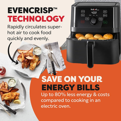 Instant Vortex Digital Single Drawer Air Fryer with Easy to Use 4 Smart Programmes - Air Fry, Bake, Roast and Reheat Capacity, Non-Stick and Dishwasher Safe Basket, Black - 5.7 Litre, 1700W