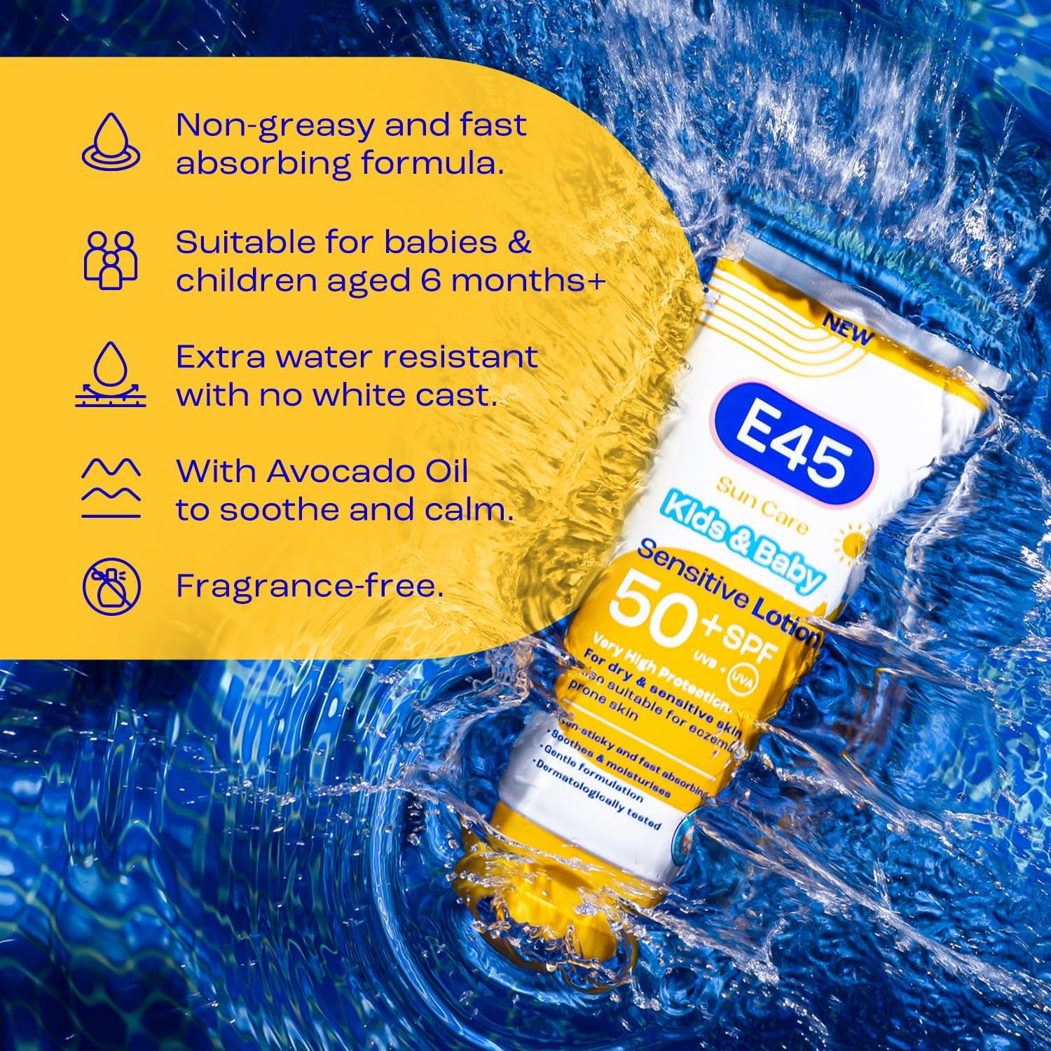 E45 Kids & Baby Sun Lotion for Sensitive Skin SPF 50+. Face & Body Gentle Sun Cream with UVA & UVB Protection with Avocado Oil. For Dry Sensitive Skin and Eczema Prone Skin -180 ml