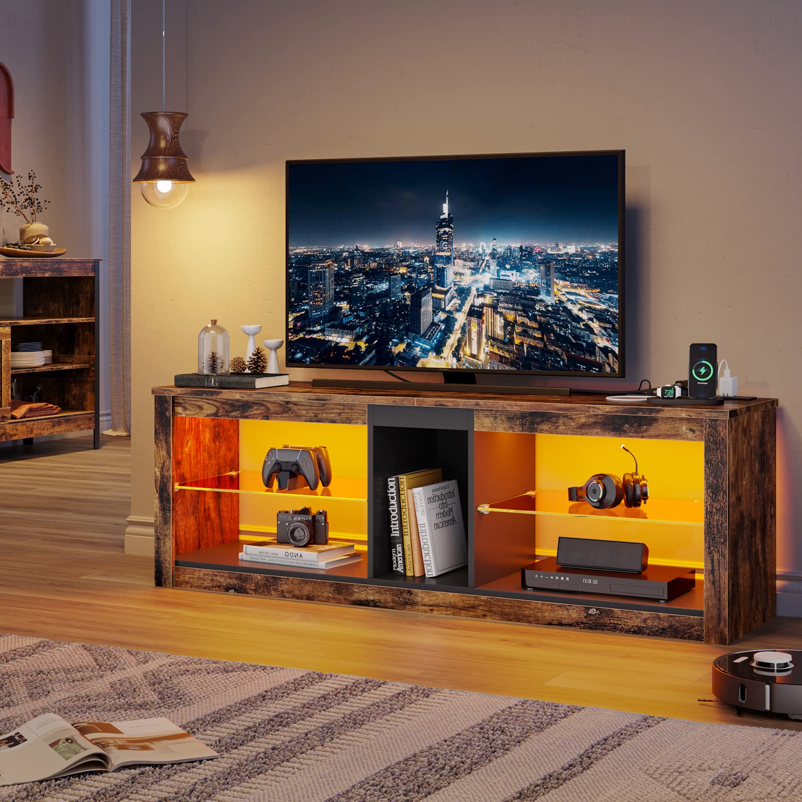 Bestier TV Stand Cabinet 140CM Entertainment Center Led Tv Stand Modern TV Unit with Glass Shelf RGB LED Lighted for 65 inch TVs with Ambient Lights for Living Room Bedroom (Rustic Brown)