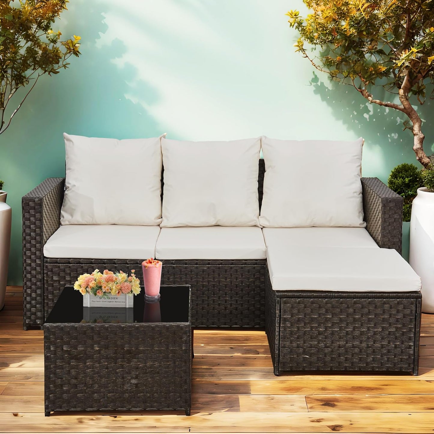AOUXIN 3-Piece Rattan Garden Furniture Set, Outdoor Sectional Sofa with Coffee Table, Black Wicker, White Cushions