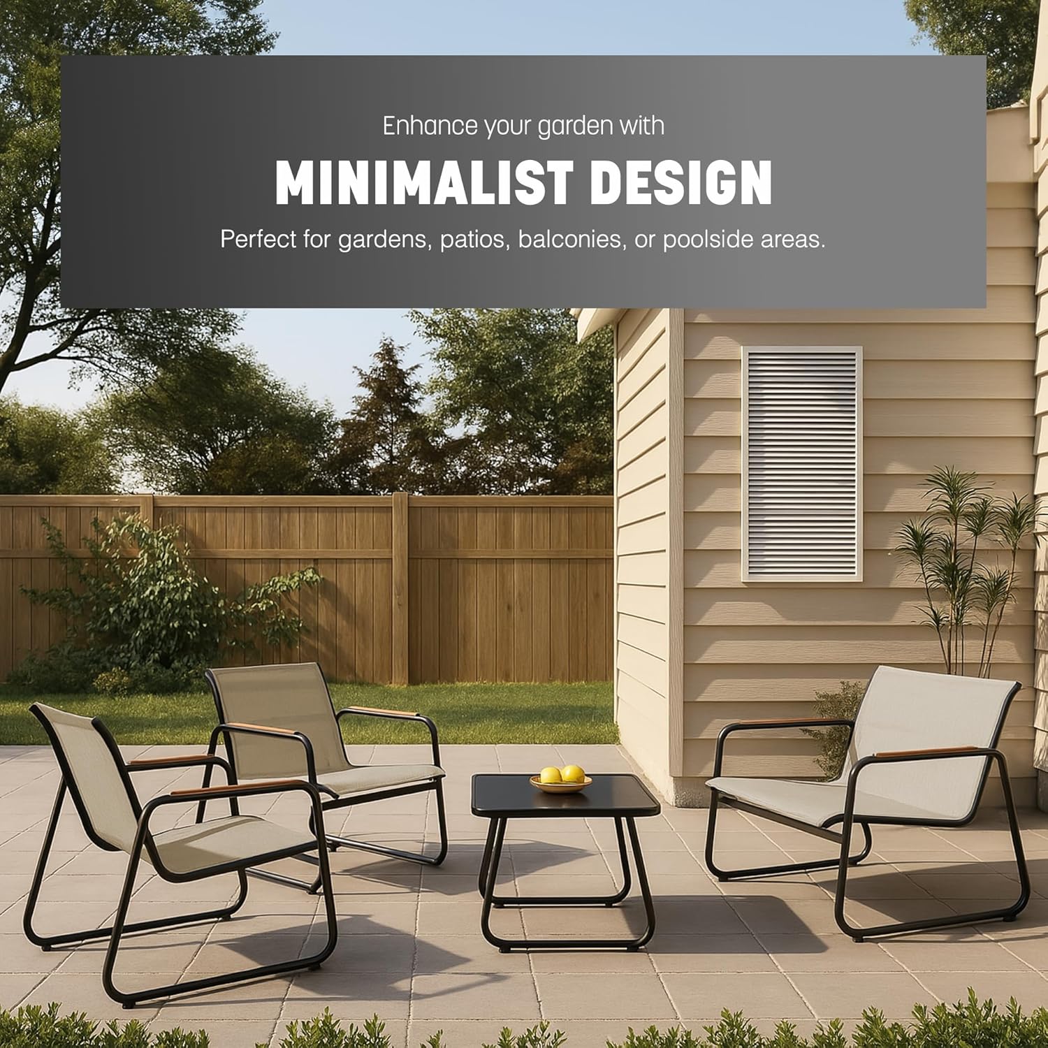 KEPLIN Mesh 4 Piece Garden Furniture Set, Modern Outdoor Patio Set with Easy Assembly, Comfortable & Durable Outdoor Furniture, Ideal Conversation Set for Gardens, Balconies, Poolside, Black