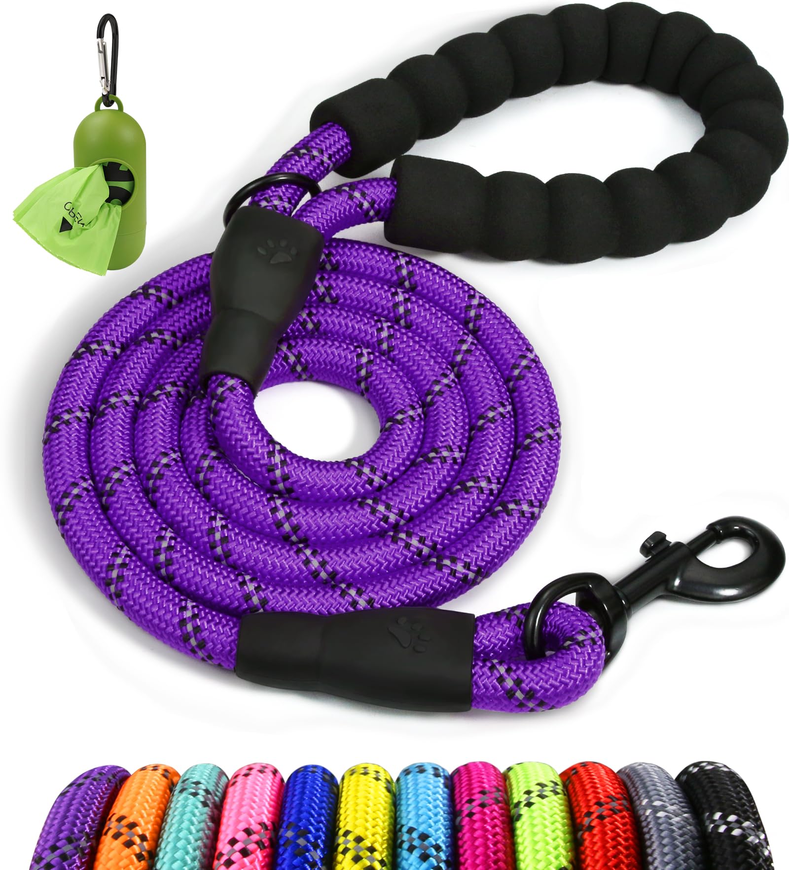 Taglory Rope Dog Lead with Soft Padded Handle, 1.2 m Reflective Lead and Multi-Colour for Small Dogs, 1.0 cm, Black