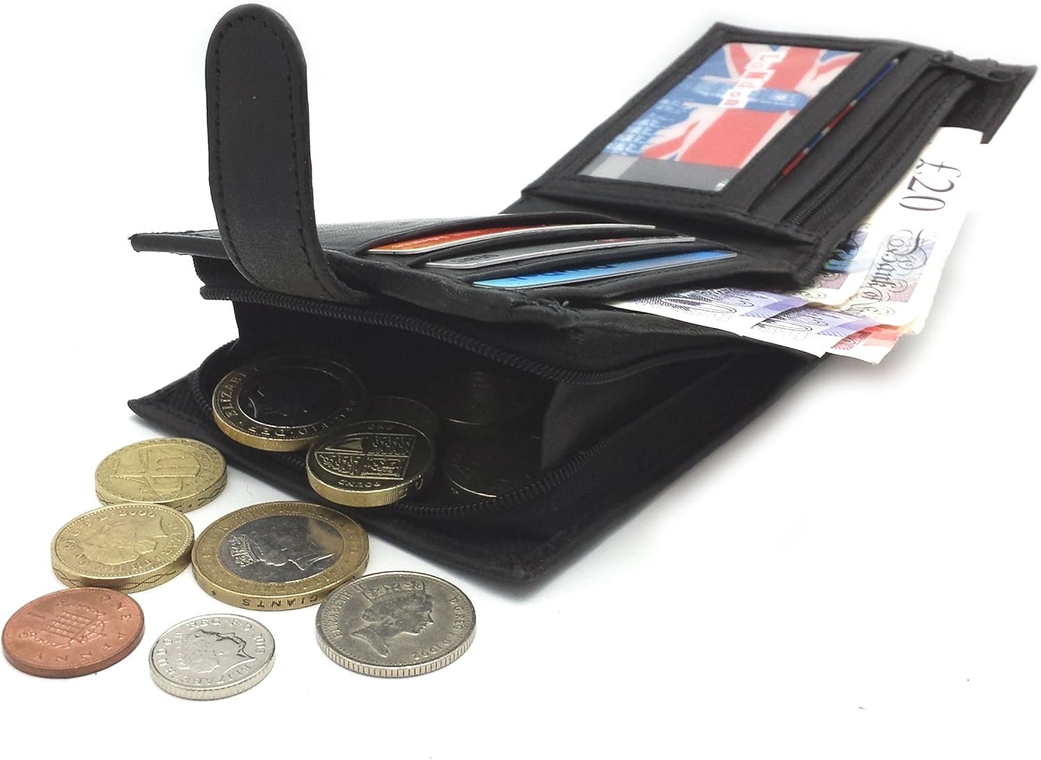 Wallets Mens Slim RFID Blocking Genuine Leather with Zip Coin Pocket, Banknote Compartments, Card Holders Pouch ID Window. Wallet for Men with Gift Box (Jet Black)