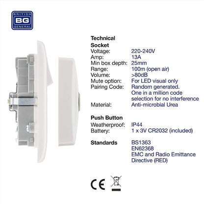 British General Nexus Double Switched 13A Power Socket with Door Chime - White