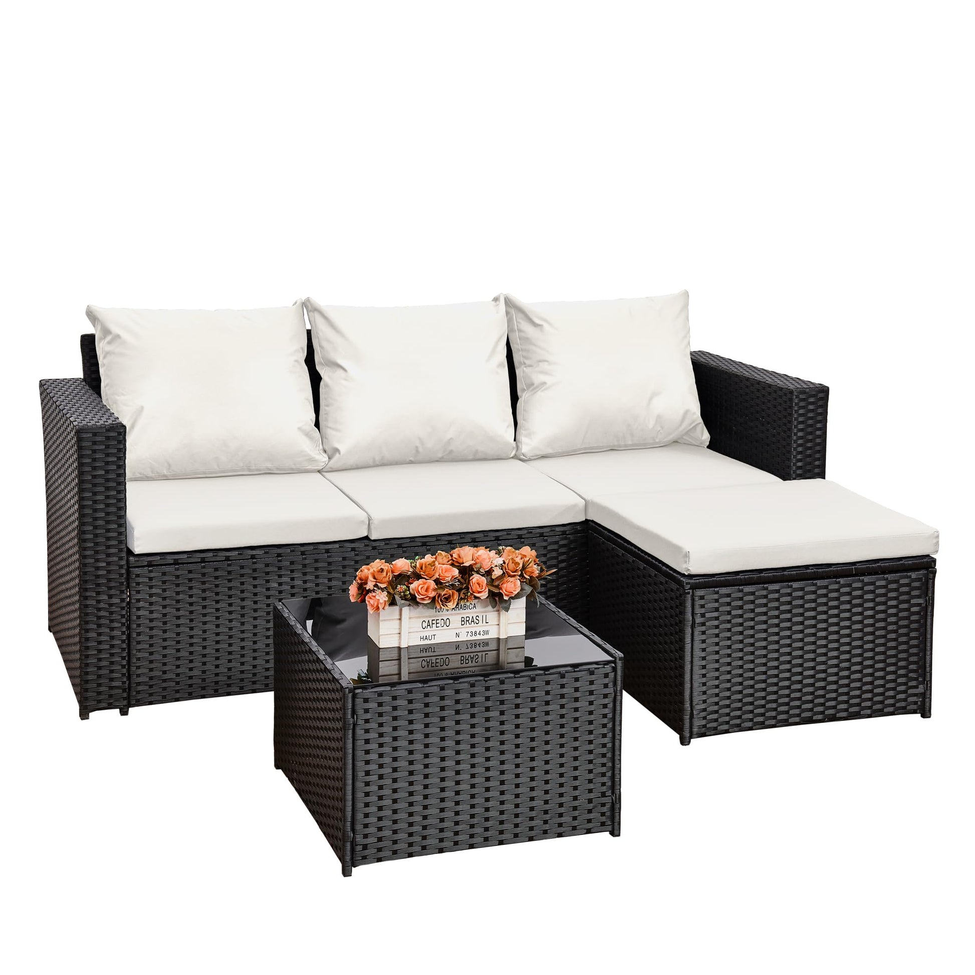 AOUXIN 3-Piece Rattan Garden Furniture Set, Outdoor Sectional Sofa with Coffee Table, Black Wicker, White Cushions