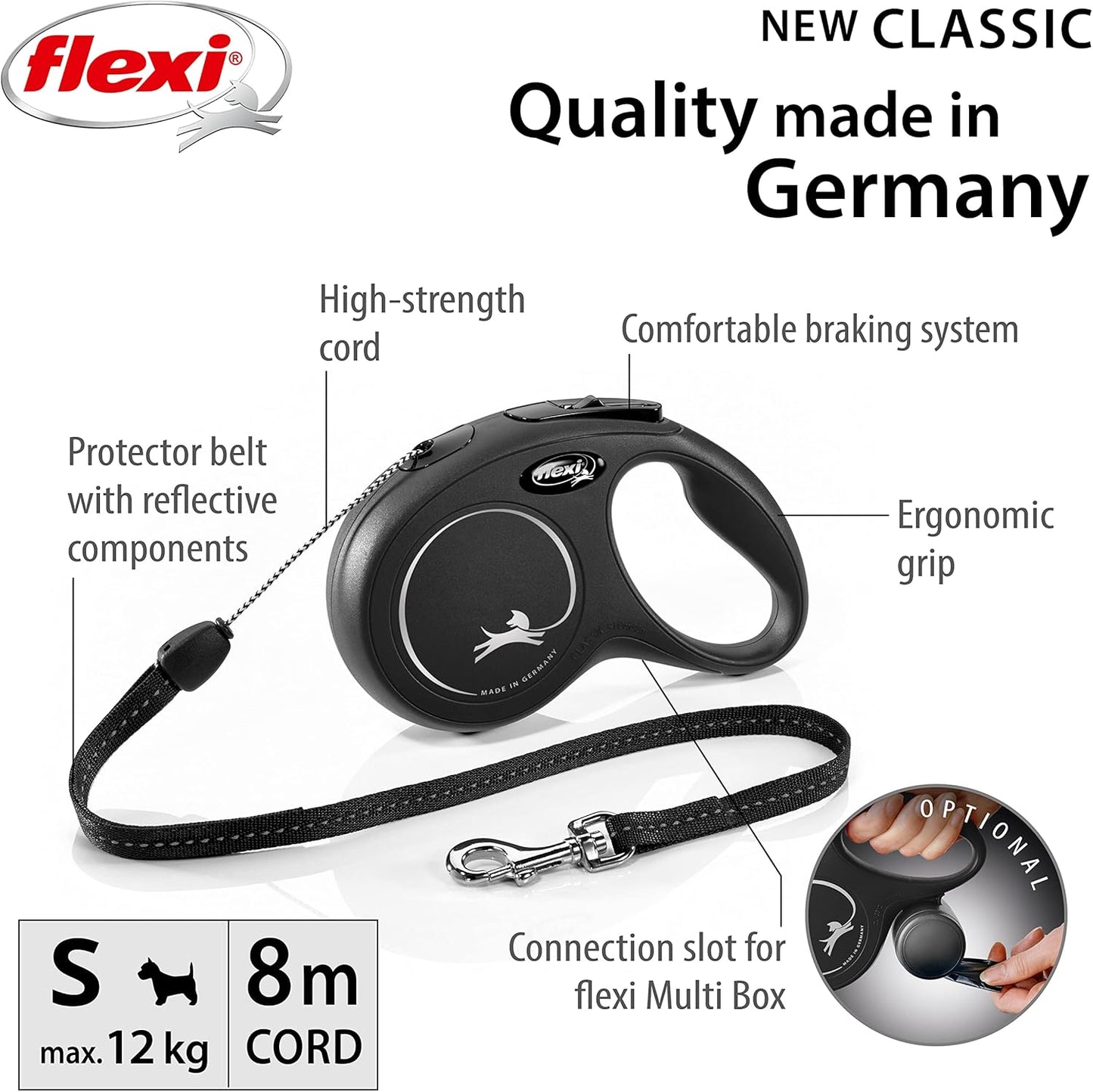 flexi New Classic Cord Black Retractable Dog Lead Small 12kg - 8m (26ft)