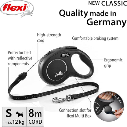 flexi New Classic Cord Black Retractable Dog Lead Small 12kg - 8m (26ft)