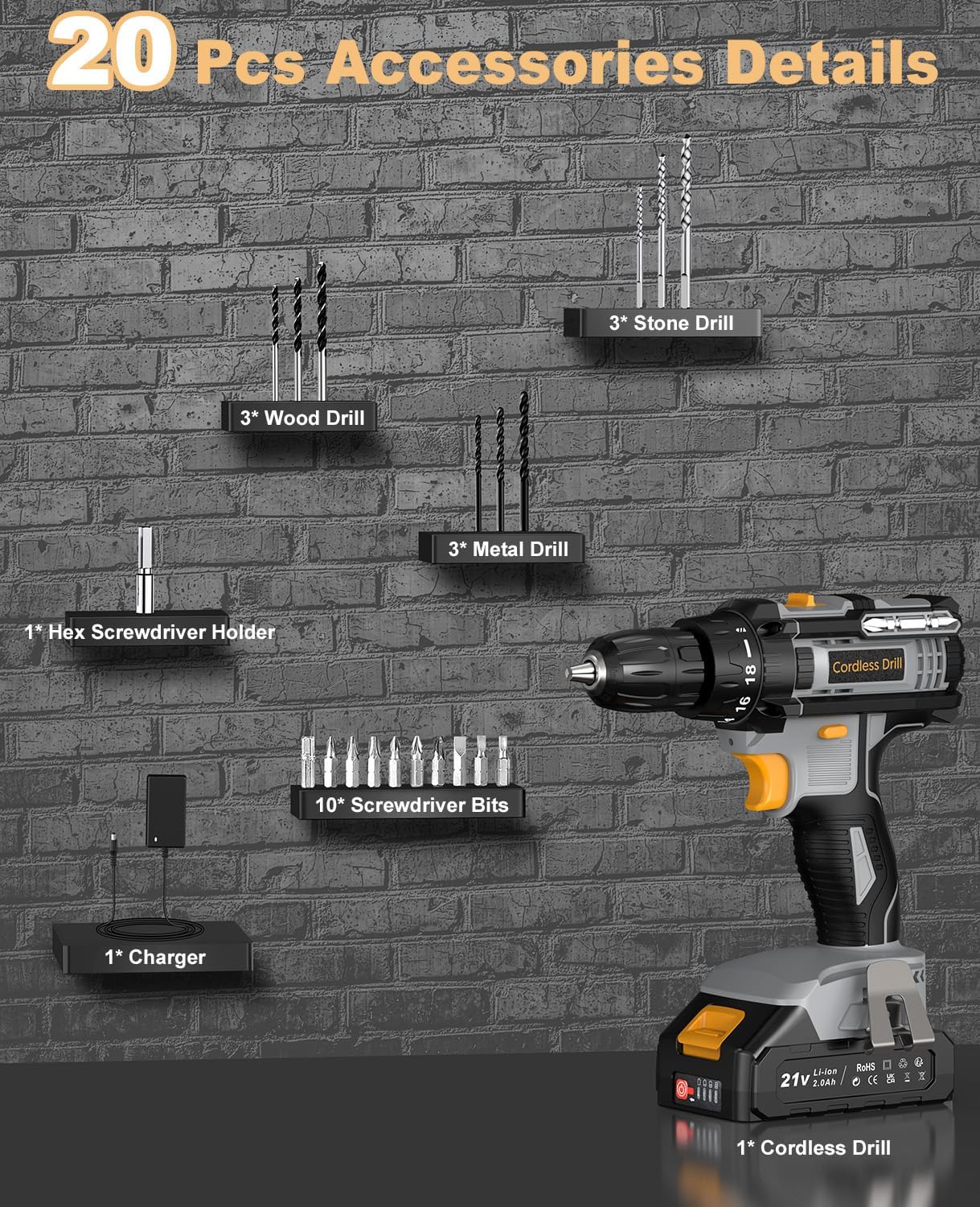 Bamse Cordless Drill 21V, Electric Drill, 1 Battery 2.0Ah Combi Set 42N.m Torque, 18+1 Torque, 2 Speeds, 20PCS Drill Set, LED Light for Garden DIY,Grey