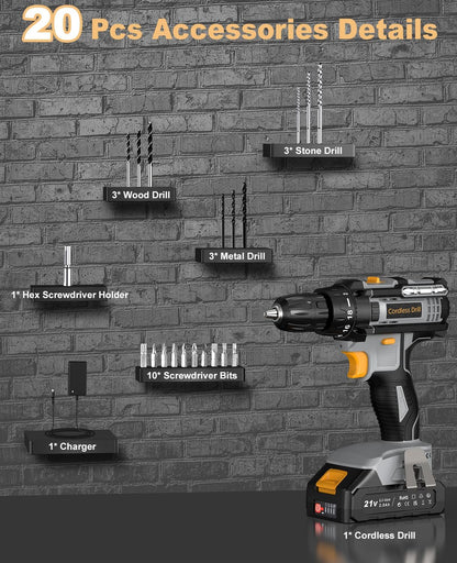 Bamse Cordless Drill 21V, Electric Drill, 1 Battery 2.0Ah Combi Set 42N.m Torque, 18+1 Torque, 2 Speeds, 20PCS Drill Set, LED Light for Garden DIY,Grey