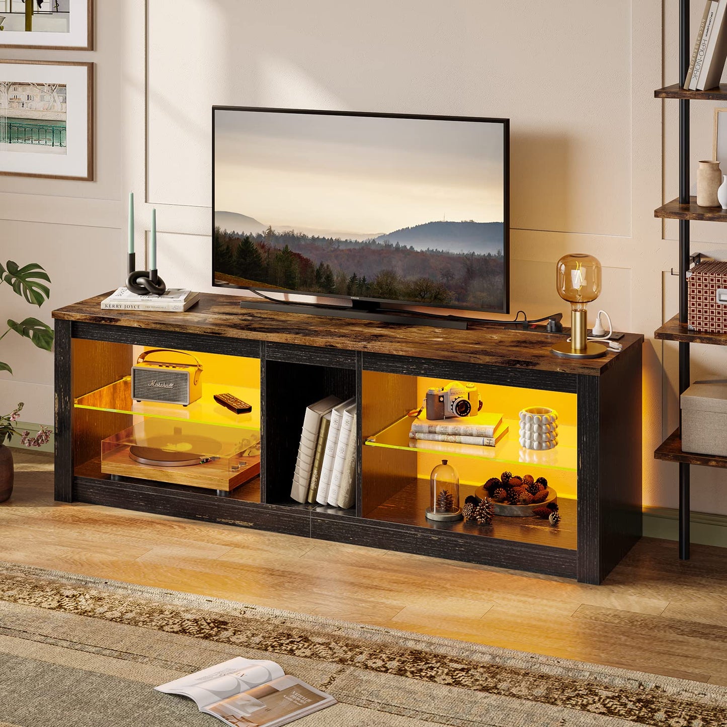 Bestier TV Stand Cabinet 140CM Entertainment Center Led Tv Stand Modern TV Unit with Glass Shelf RGB LED Lighted for 65 inch TVs with Ambient Lights for Living Room Bedroom (Rustic Brown)