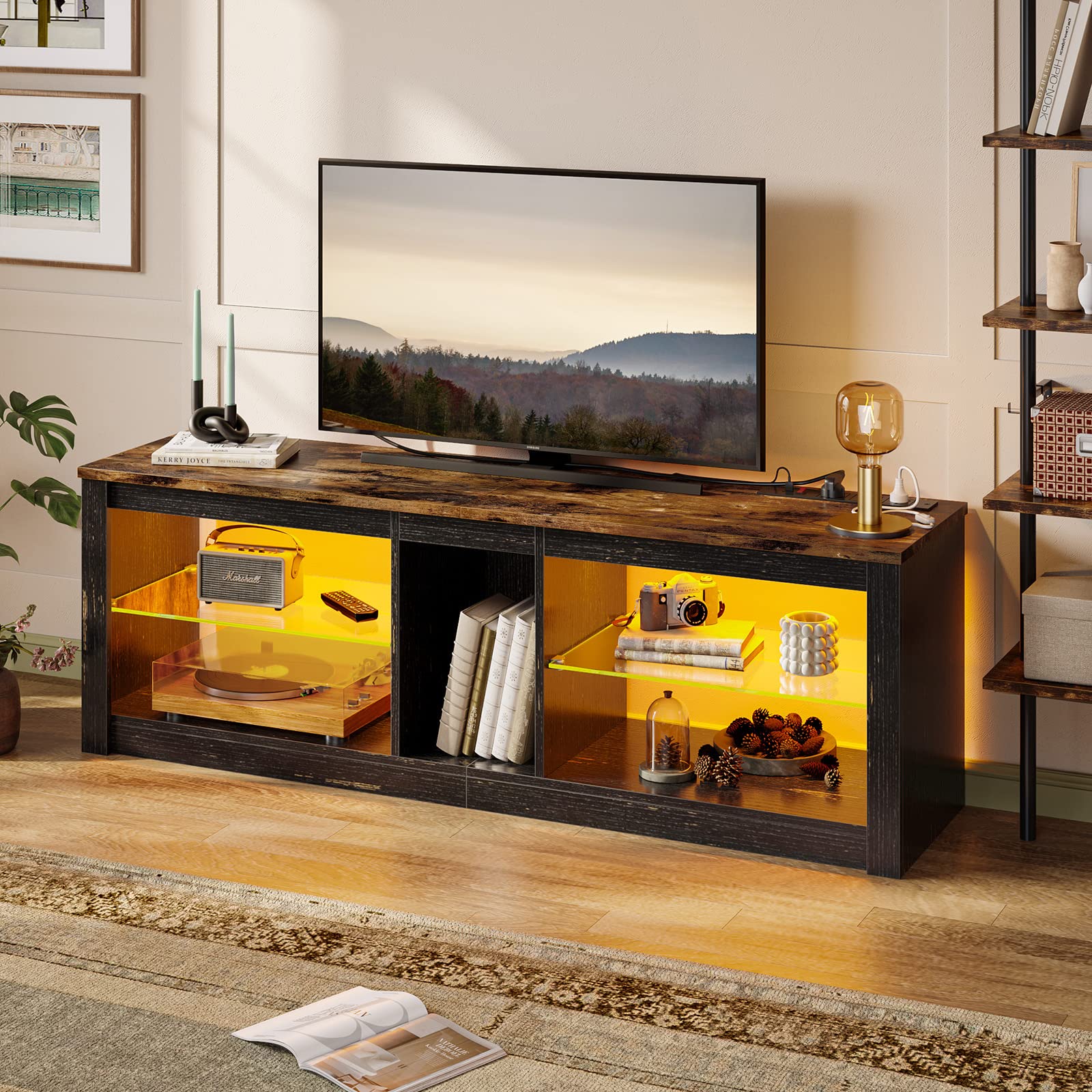 Bestier TV Stand Cabinet 140CM Entertainment Center Led Tv Stand Modern TV Unit with Glass Shelf RGB LED Lighted for 65 inch TVs with Ambient Lights for Living Room Bedroom (Rustic Brown)