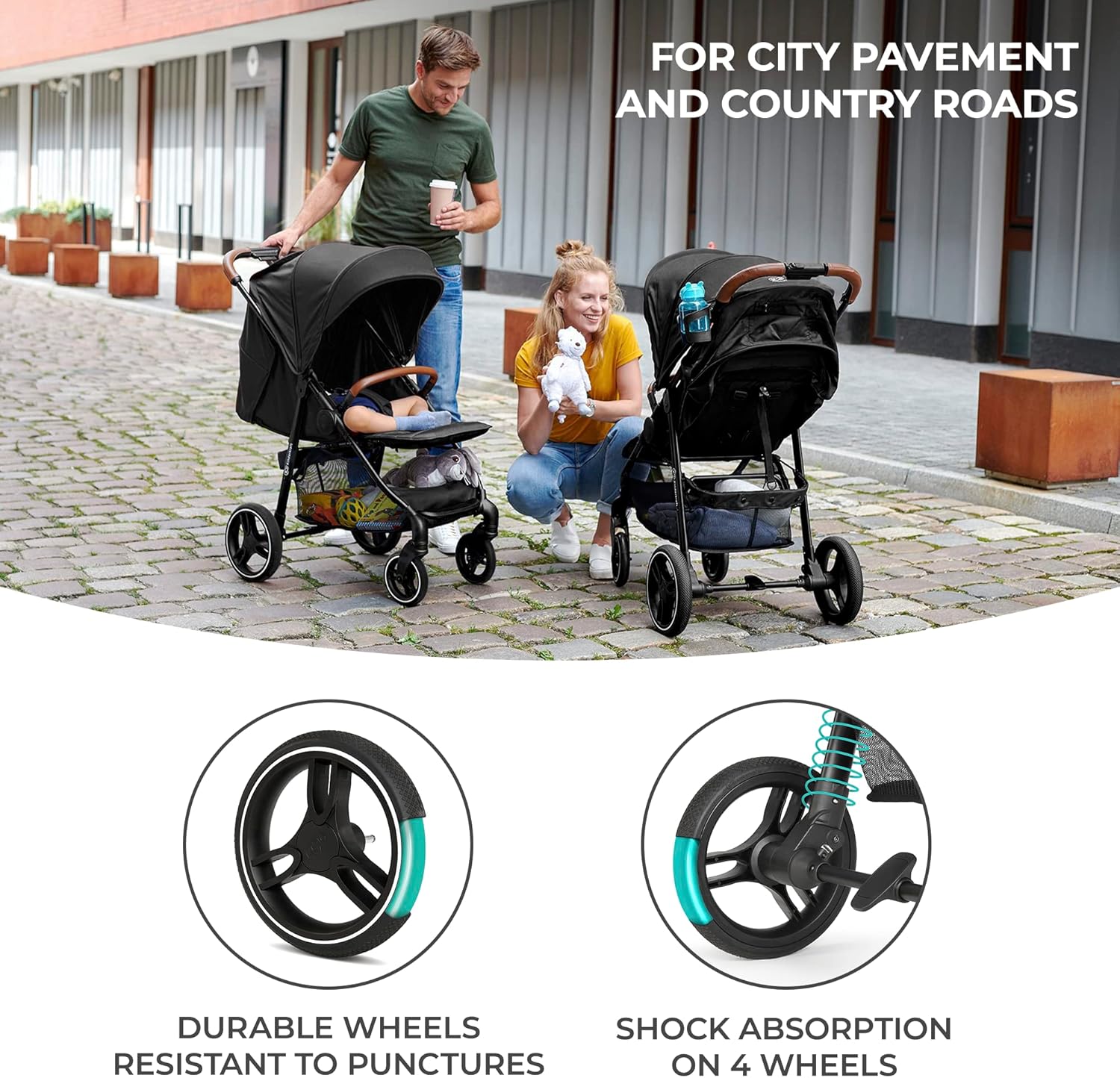 Kinderkraft GRANDE PLUS Stroller pushchair for toddlers from Birth to 22 kg, Extra-large hood, Lie-flat position, Folding with one hand, Shock absorption on all wheels, Black