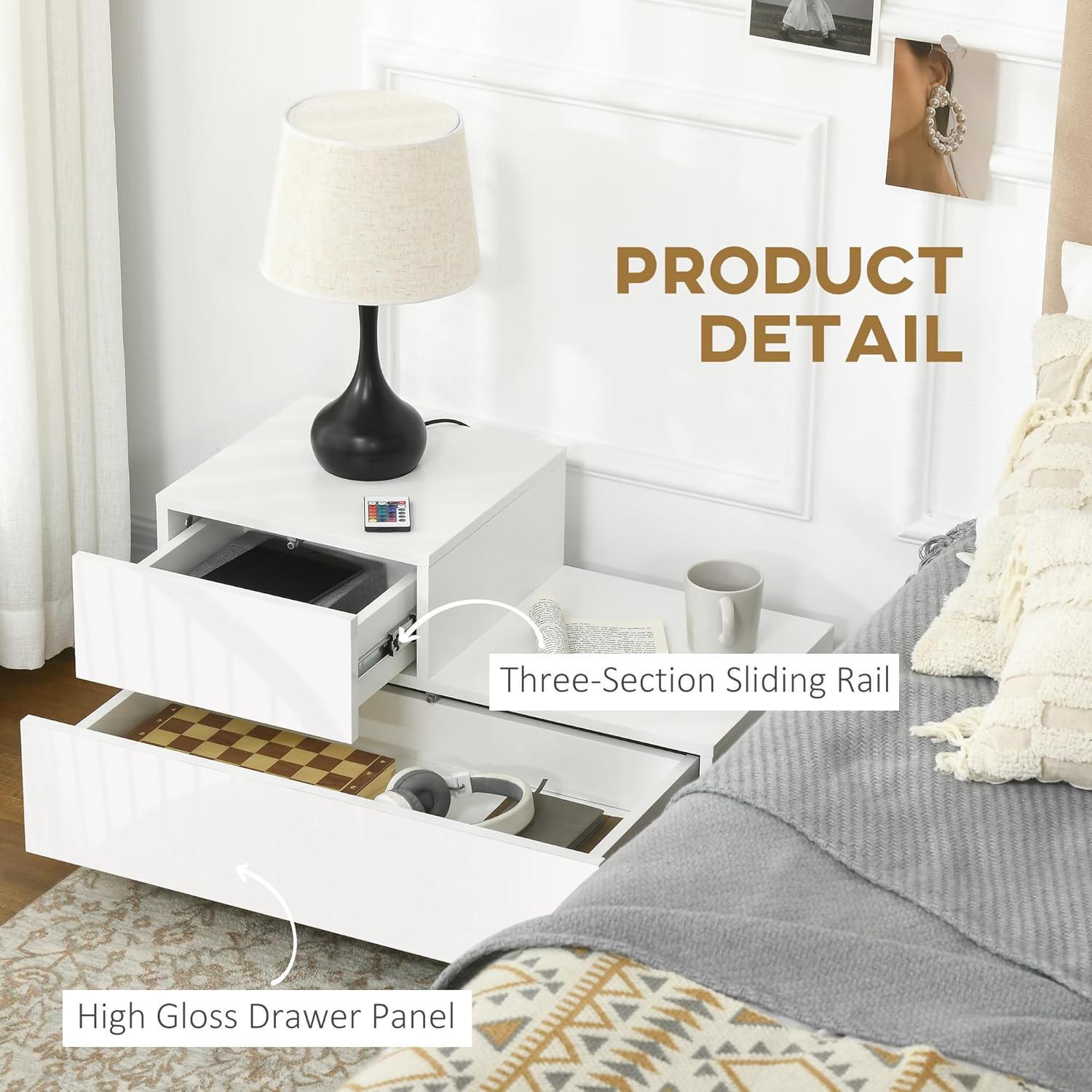 HOMCOM Bedside Table with LED Light, Nightstand with 2 Drawers and High Gloss Front, USB Powered Side Table with Remote for Bedroom, Living Room, White