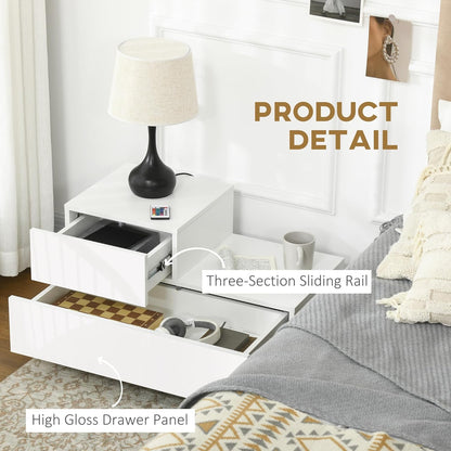 HOMCOM Bedside Table with LED Light, Nightstand with 2 Drawers and High Gloss Front, USB Powered Side Table with Remote for Bedroom, Living Room, White