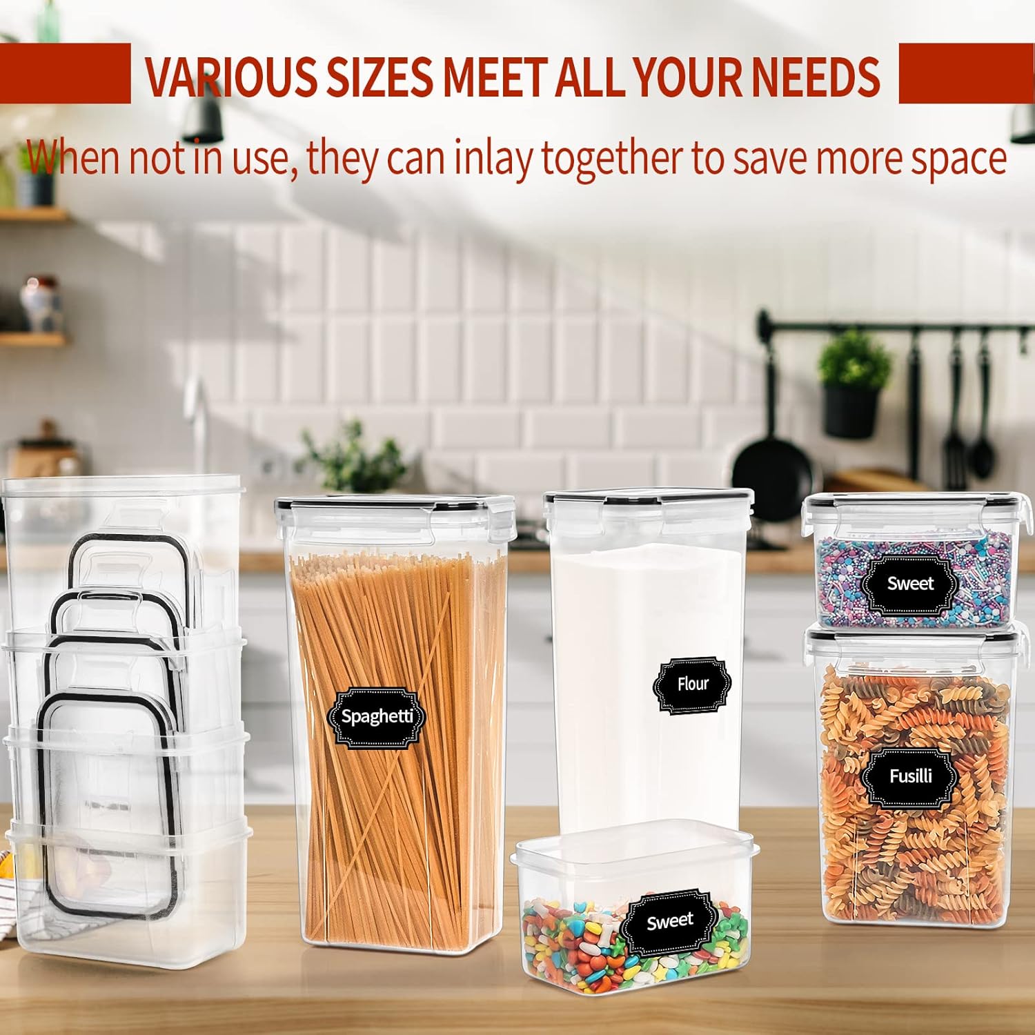 Skroam 24 Pack Airtight Food Storage Containers with Lids for Kitchen Pantry Organization and storage, BPA Free, Plastic Canister Set for Cereal, Pasta, Flour & Sugar - Spoon Set, Labels & Marker