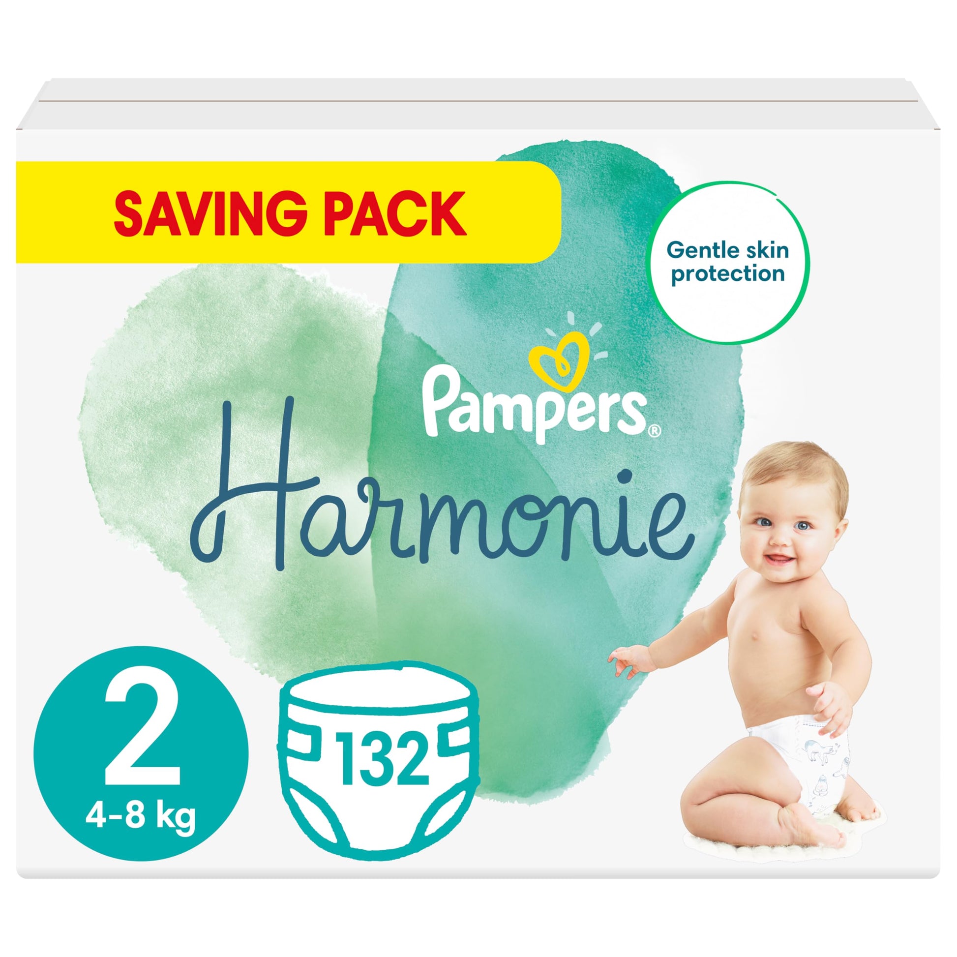 Pampers Harmonie Nappies Size 2, 204 Nappies, 4kg-8kg, Monthly Pack, Gentle Skin Protection with 100 Percent Pampers Protection