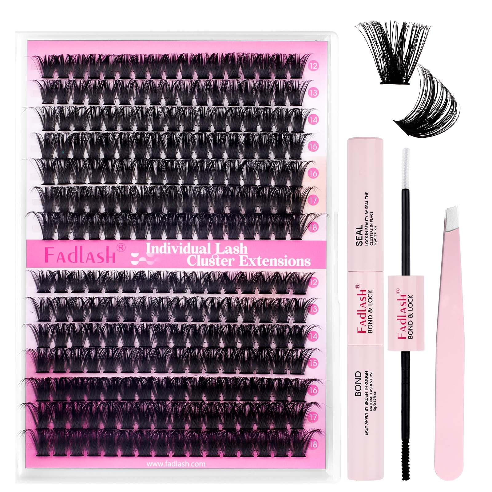 FADLASH DIY Lash Extension Kit Individual Lashes Clusters30P+40P D Curl 8-16mm Lash Bond and Seal, Clusters Lash Glue Remover and Eyelash Tweezers for Eyelash Extensions