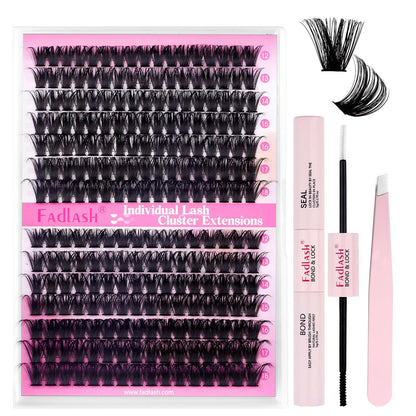 FADLASH DIY Lash Extension Kit Individual Lashes Clusters30P+40P D Curl 8-16mm Lash Bond and Seal, Clusters Lash Glue Remover and Eyelash Tweezers for Eyelash Extensions