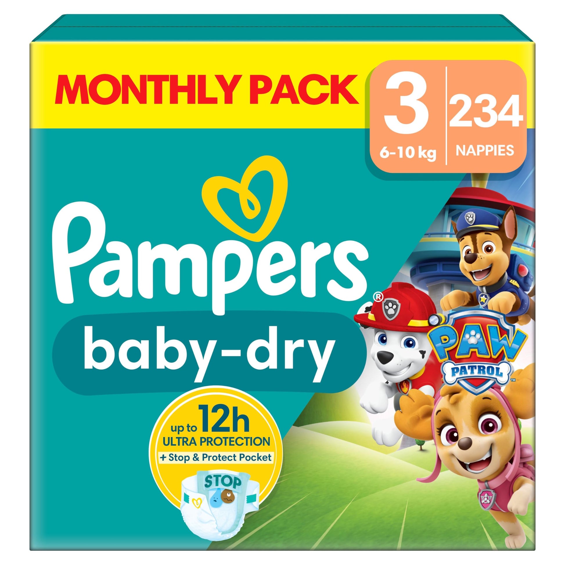 Pampers Baby-Dry Paw Patrol Edition Size 4, 222 Nappies, 9kg - 14kg, Monthly Pack, with A Stop & Protect Pocket to Help Prevent Leaks at The Back
