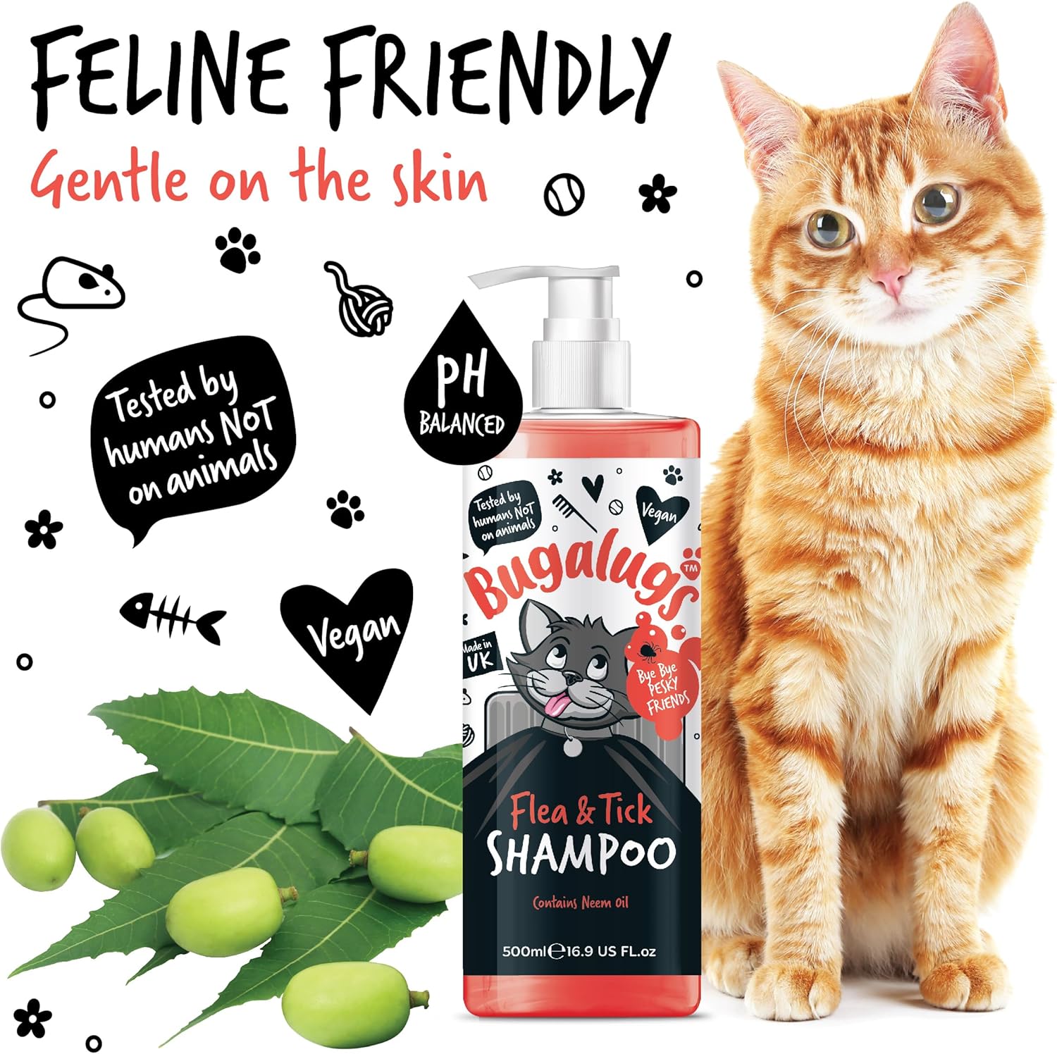 Flea and Tick Cat Shampoo by Bugalugs 500ml, Deep Cleansing for Cats for Fleas, Ticks & Mites contains Neem Oil, PH Balanced Vegan (500ml Flea Shampoo)