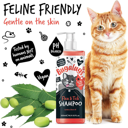 Flea and Tick Cat Shampoo by Bugalugs 500ml, Deep Cleansing for Cats for Fleas, Ticks & Mites contains Neem Oil, PH Balanced Vegan (500ml Flea Shampoo)