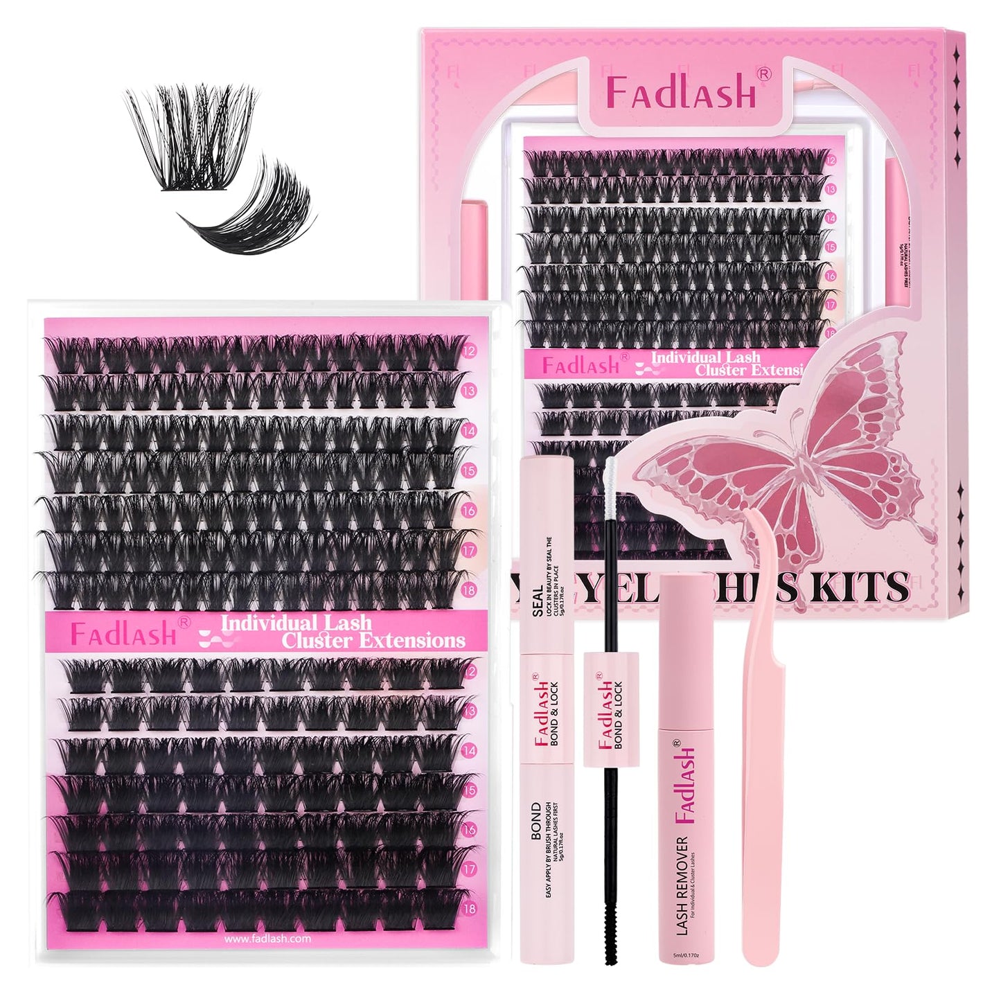 FADLASH DIY Lash Extension Kit Individual Lashes Clusters30P+40P D Curl 8-16mm Lash Bond and Seal, Clusters Lash Glue Remover and Eyelash Tweezers for Eyelash Extensions
