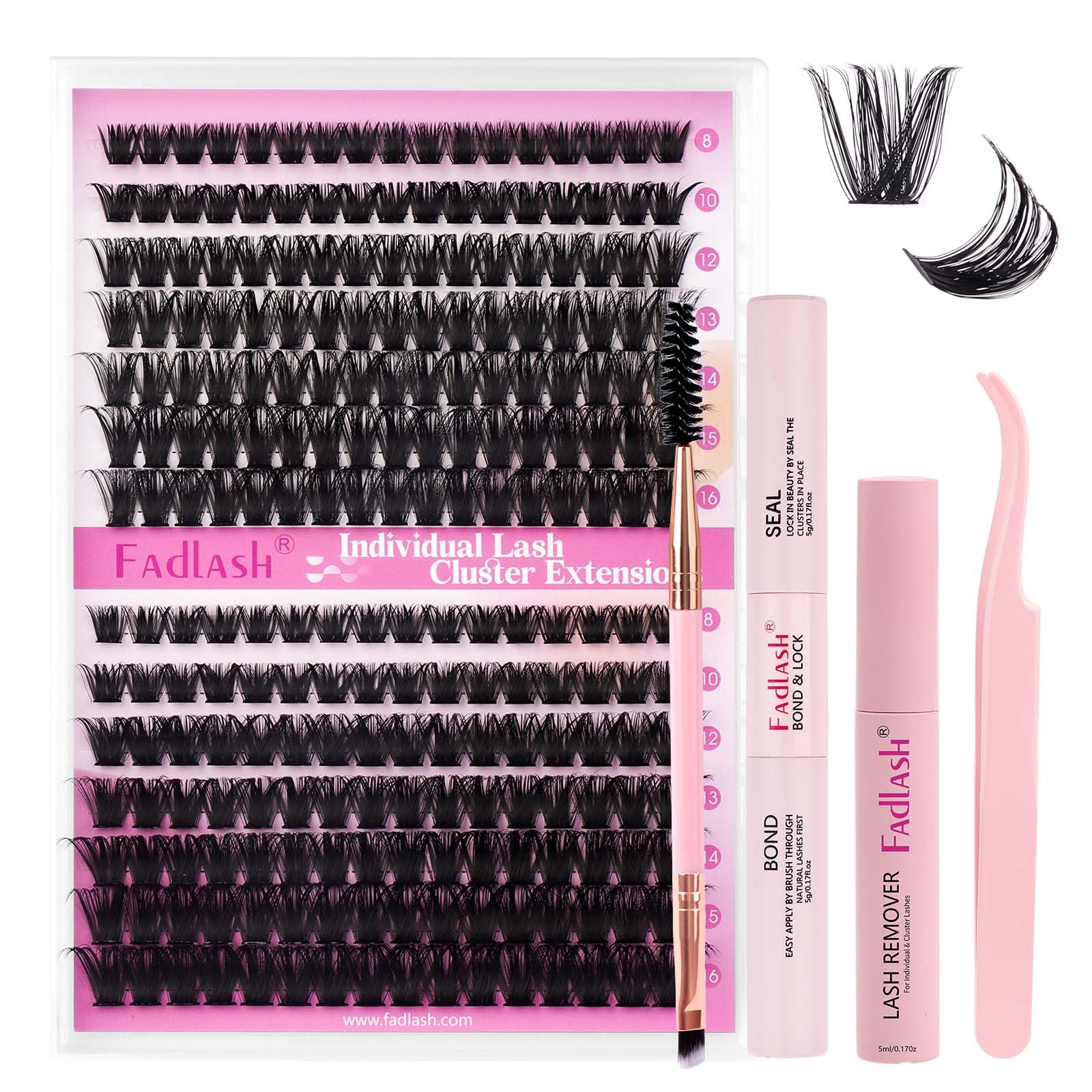 FADLASH DIY Lash Extension Kit Individual Lashes Clusters30P+40P D Curl 8-16mm Lash Bond and Seal, Clusters Lash Glue Remover and Eyelash Tweezers for Eyelash Extensions