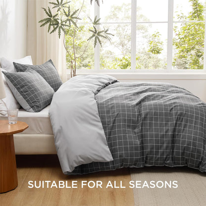 Bedsure Double Duvet Cover Set - Reversible Plaid Duvet Cover with Zipper Closure, 3 Pieces Dark Grey Bedding Set with 8 Corner Ties and 2 Pillowcases, 200x200cm