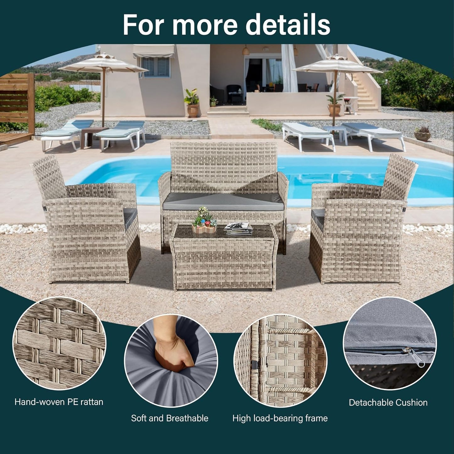 4 Piece Rattan Garden Furniture Sets, Patio Conservatory Set, Include Rattan loveset Sofa, Chair, Glass Coffee Table