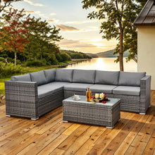 Aweather 6 Seater Rattan Corner Sofa Set Rattan Garden Furniture Set All-Weather PE Rattan Wicker Patio Conversation Set with Modern Glass Coffee Table and Washable Cushions (Gray)