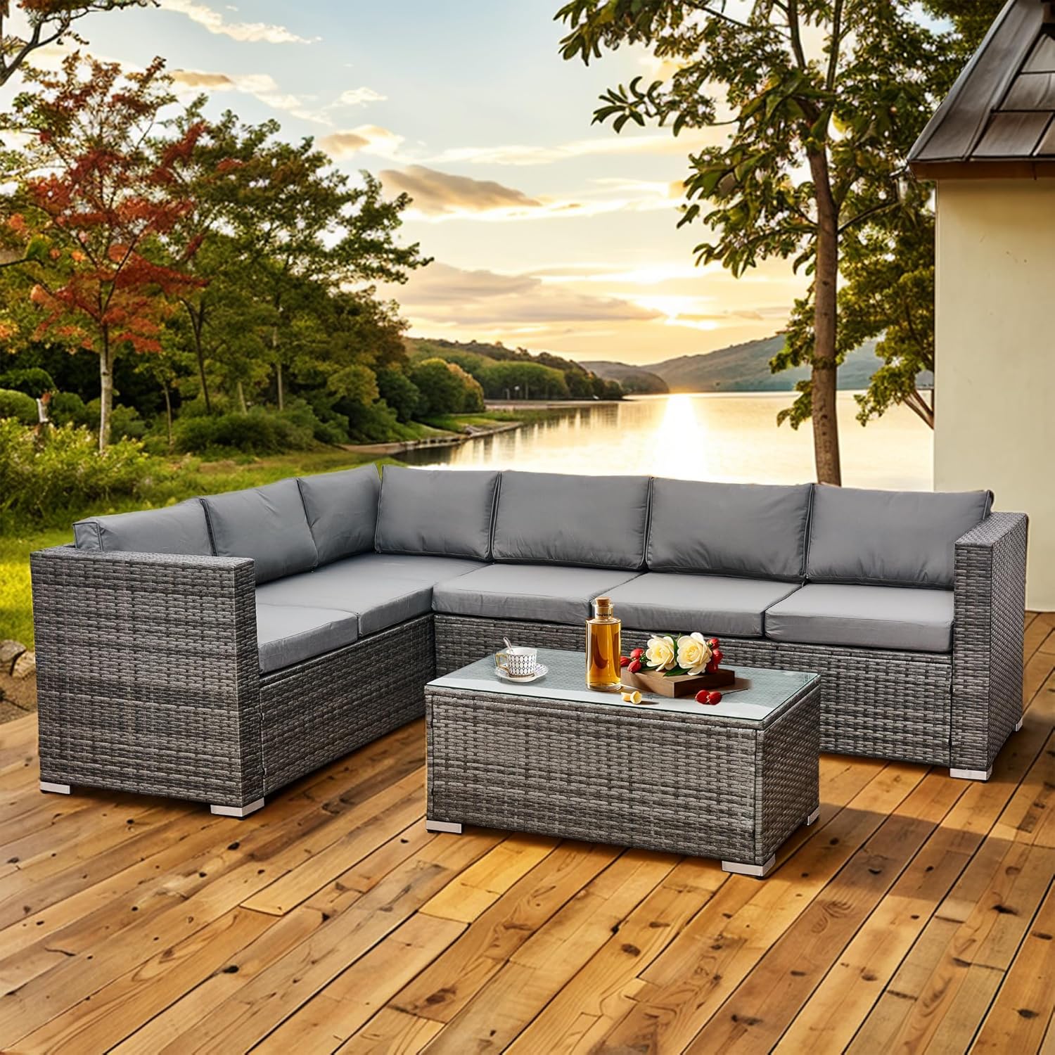 Aweather 6 Seater Rattan Corner Sofa Set Rattan Garden Furniture Set All-Weather PE Rattan Wicker Patio Conversation Set with Modern Glass Coffee Table and Washable Cushions (Gray)