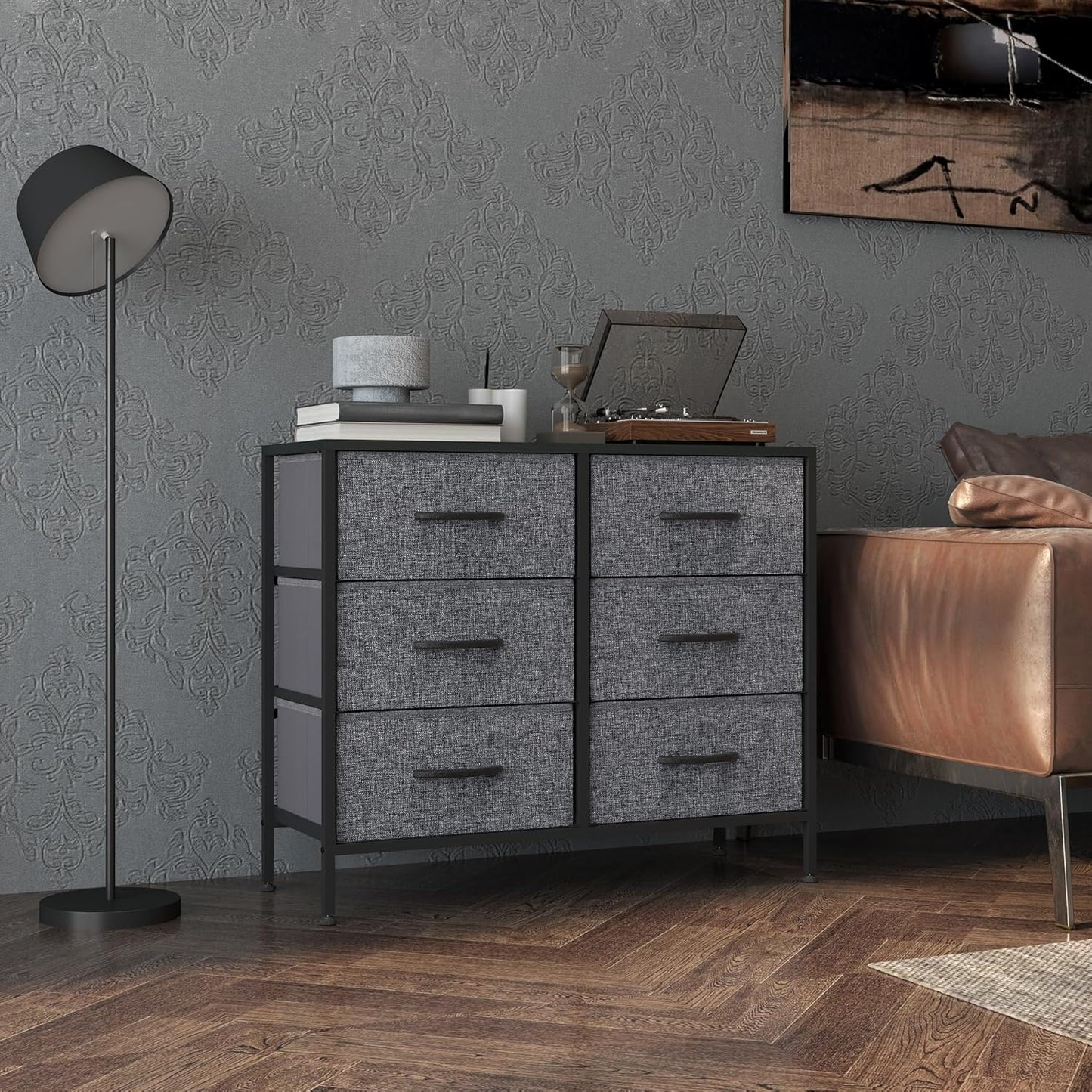 HOMCOM Fabric Chest of Drawers, Industrial Bedroom Dresser with 6 Fabric Drawers, Steel Frame and Wooden Top for Nursery, Living Room, Hallway, Black