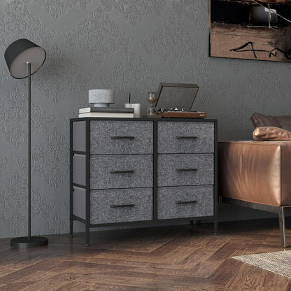 HOMCOM Fabric Chest of Drawers, Industrial Bedroom Dresser with 6 Fabric Drawers, Steel Frame and Wooden Top for Nursery, Living Room, Hallway, Black