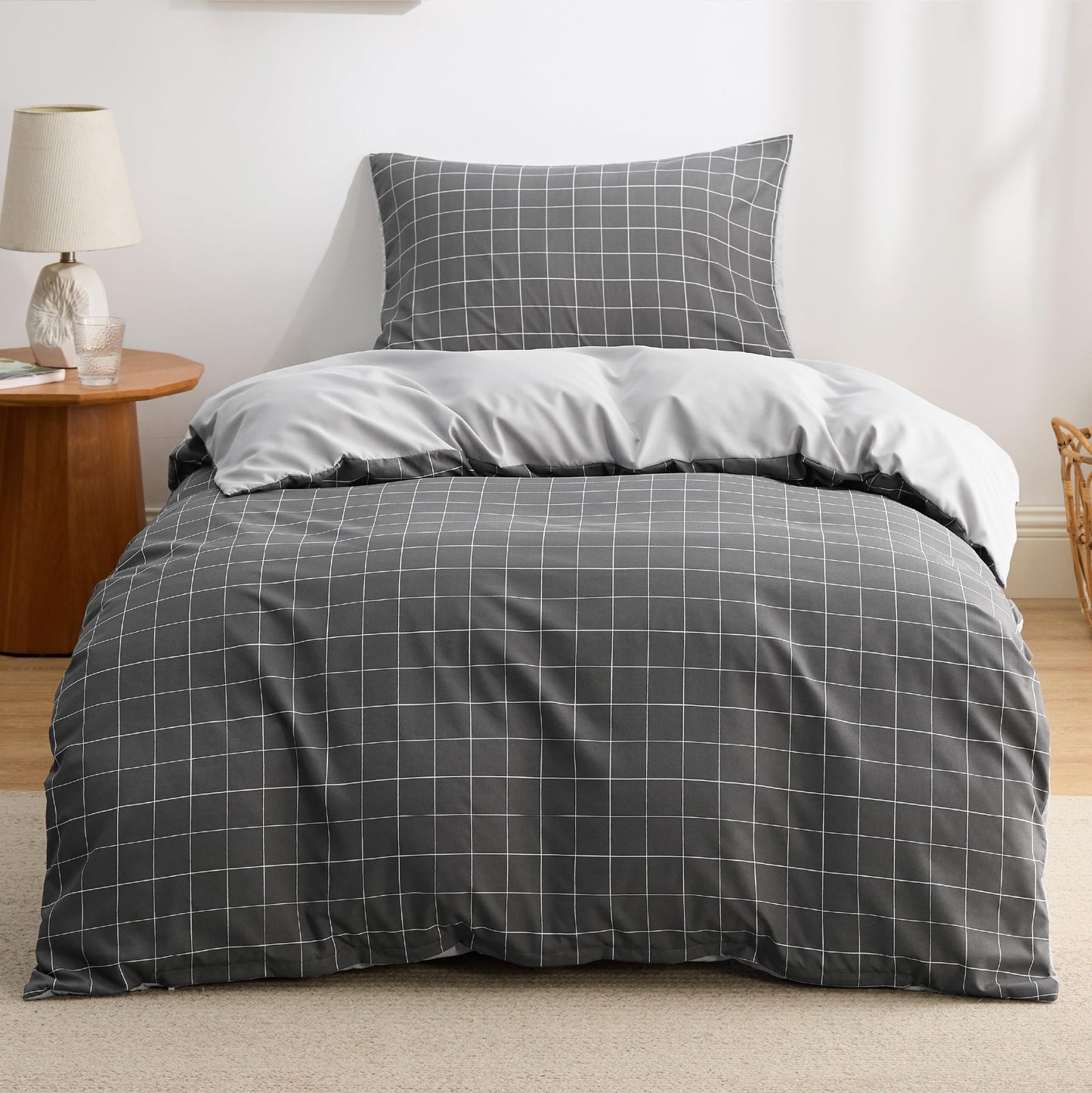 Bedsure Double Duvet Cover Set - Reversible Plaid Duvet Cover with Zipper Closure, 3 Pieces Dark Grey Bedding Set with 8 Corner Ties and 2 Pillowcases, 200x200cm