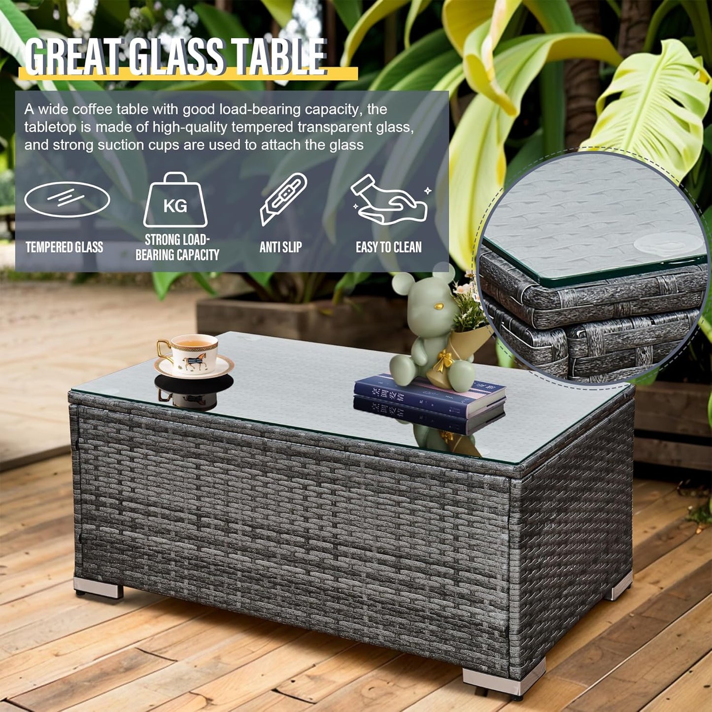 Aweather 6 Seater Rattan Corner Sofa Set Rattan Garden Furniture Set All-Weather PE Rattan Wicker Patio Conversation Set with Modern Glass Coffee Table and Washable Cushions (Gray)