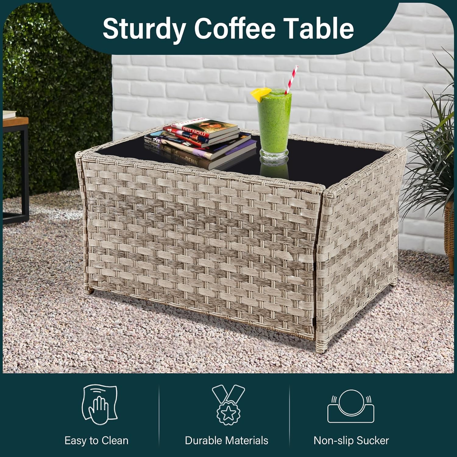 4 Piece Rattan Garden Furniture Sets, Patio Conservatory Set, Include Rattan loveset Sofa, Chair, Glass Coffee Table