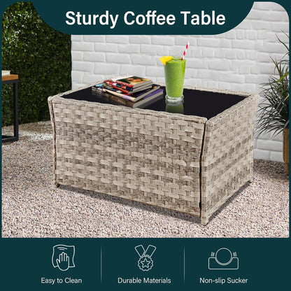 4 Piece Rattan Garden Furniture Sets, Patio Conservatory Set, Include Rattan loveset Sofa, Chair, Glass Coffee Table