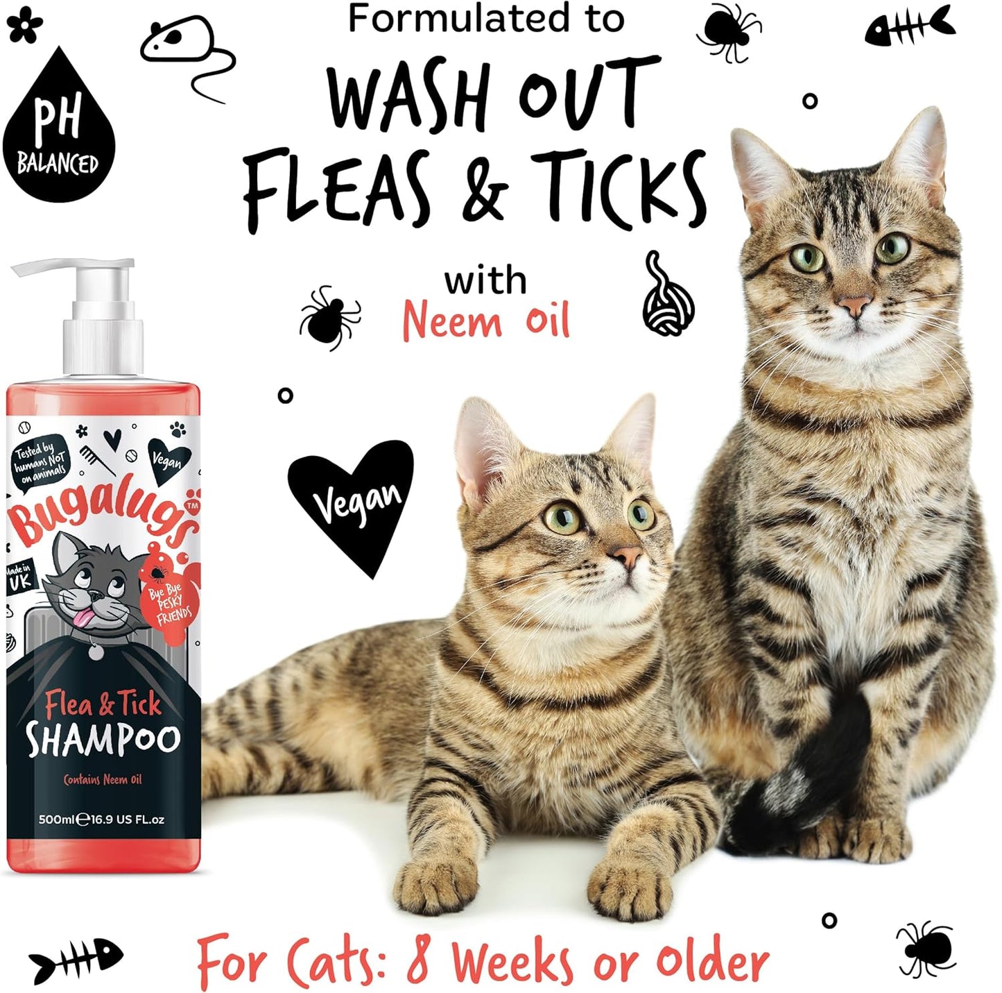 Flea and Tick Cat Shampoo by Bugalugs 500ml, Deep Cleansing for Cats for Fleas, Ticks & Mites contains Neem Oil, PH Balanced Vegan (500ml Flea Shampoo)