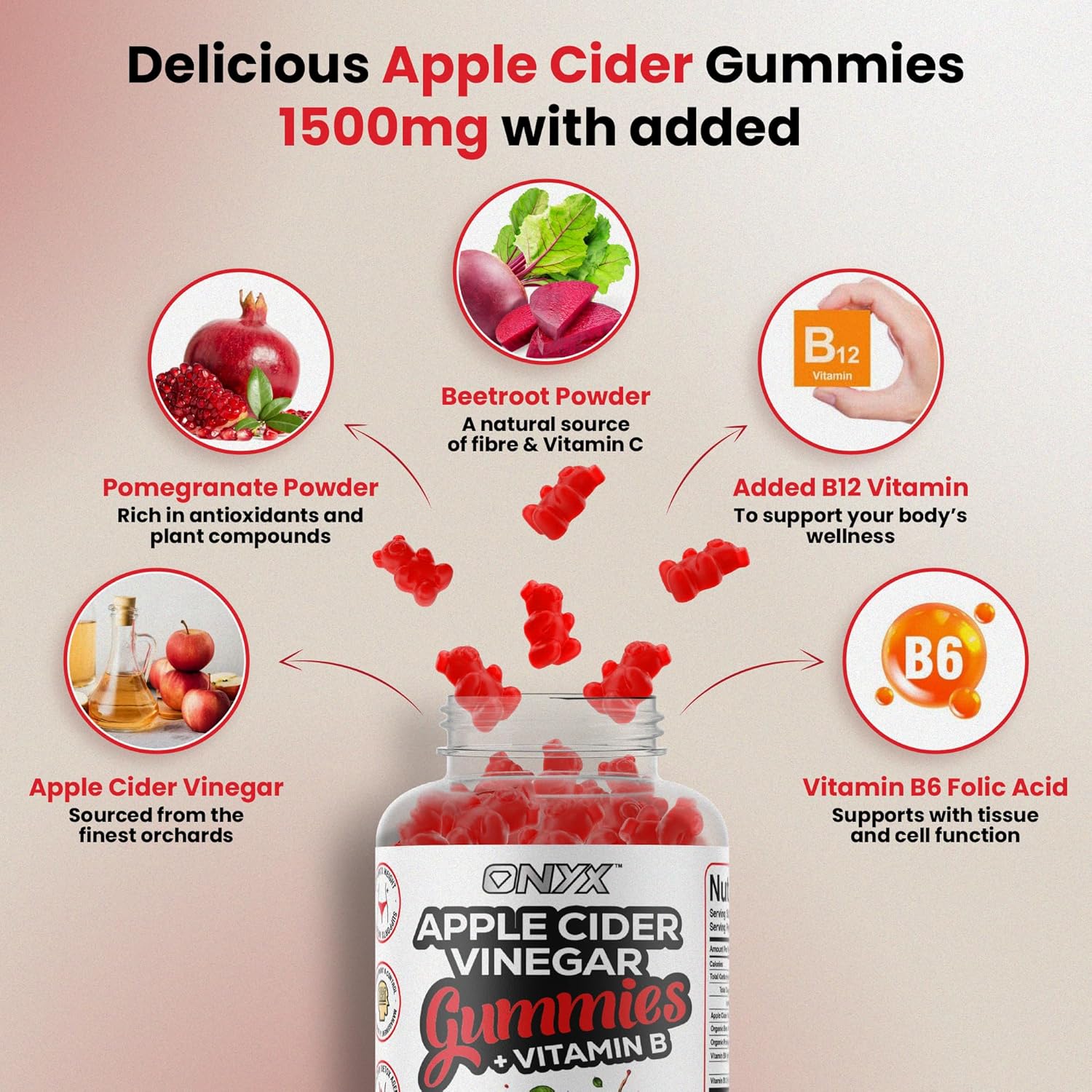 Apple Cider Vinegar Gummies, 1500mg ACV Gummies with Vitamin B, Chromium and Pomegranate | Non-GMO, Gluten-Free & Gelatine-Free | Juicy Apple Flavour | Vegan 60 Gummies (30 Servings)
