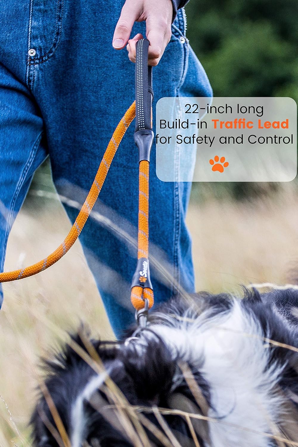 Rope Dog Lead - Innovative Design with Two Padded Handles - Reflective Stitching & O-Ring - 5 FT Long Leash for Medium & Large Sized Pets - Weather Resistant & Strong Material. Orange